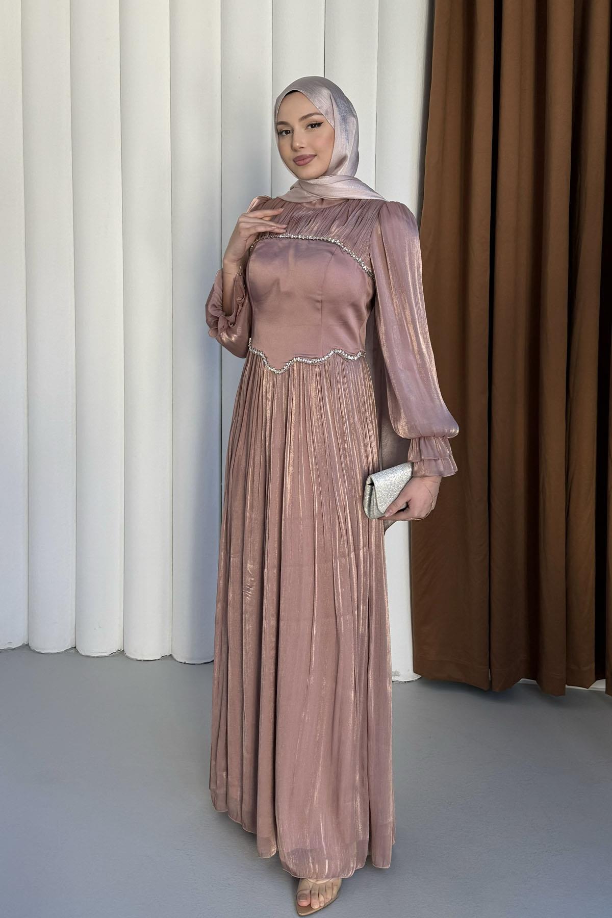 Korseli İnci Taş Detaylı Safir Tesettür Abiye-GÜL KURUSU