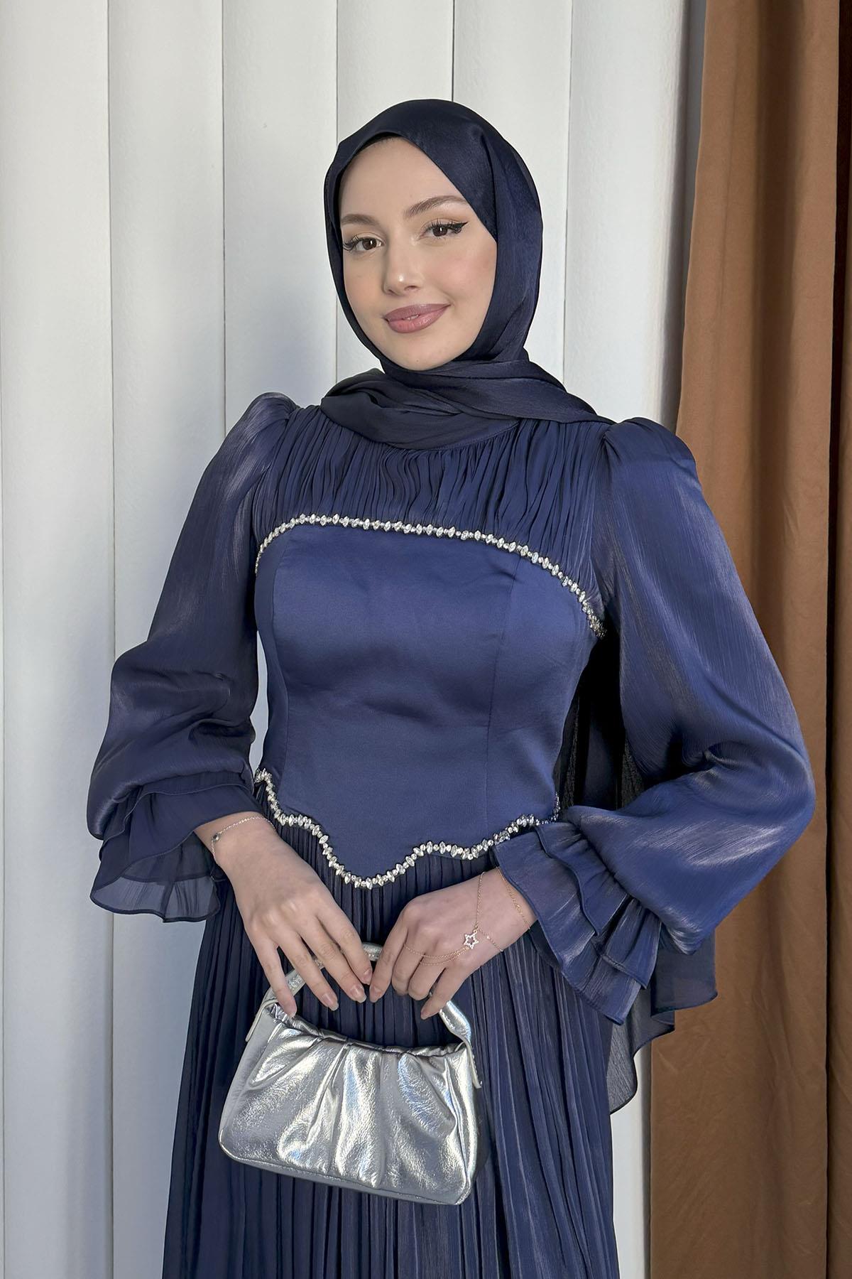 Korseli İnci Taş Detaylı Safir Tesettür Abiye-LACİVERT