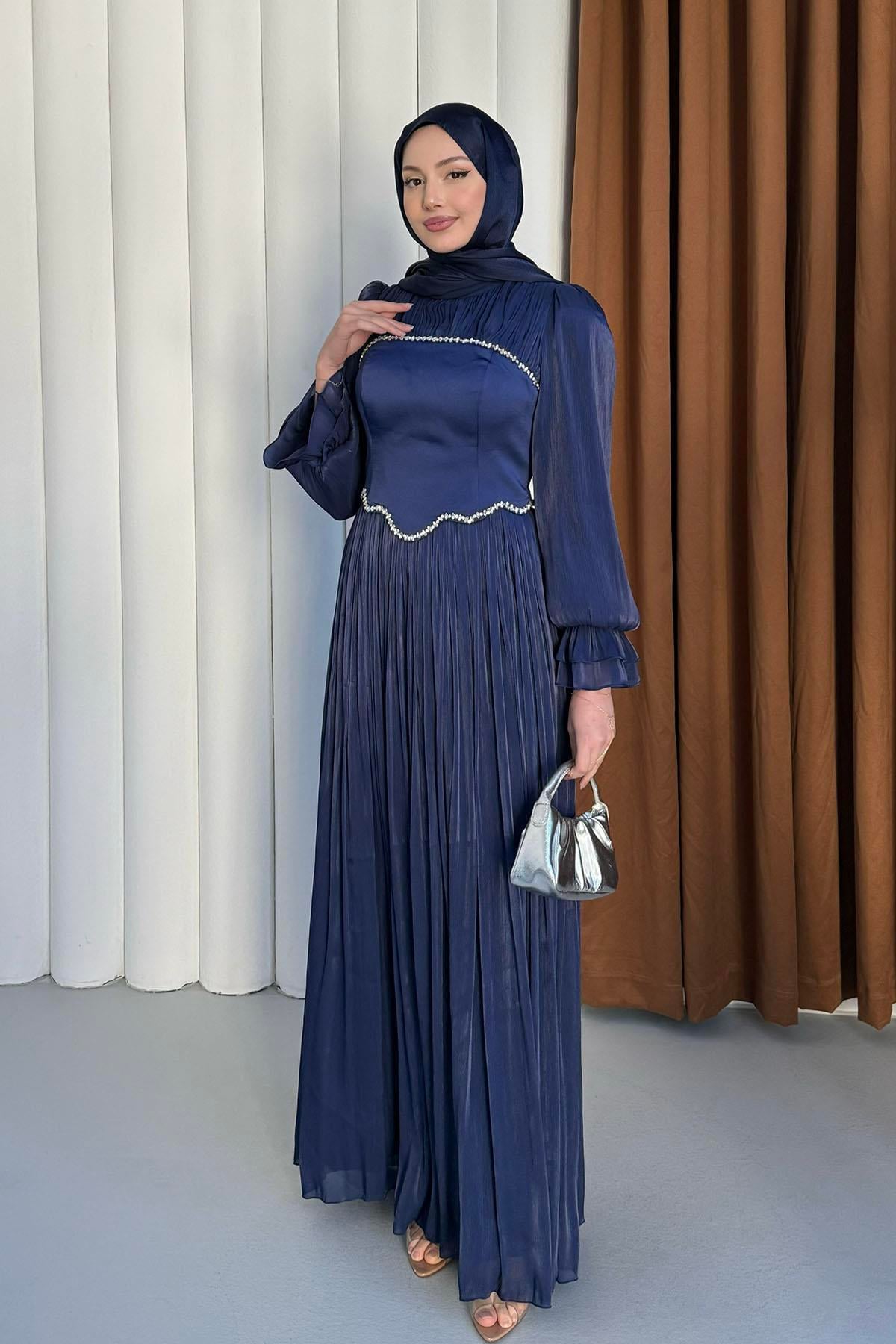Korseli İnci Taş Detaylı Safir Tesettür Abiye-LACİVERT