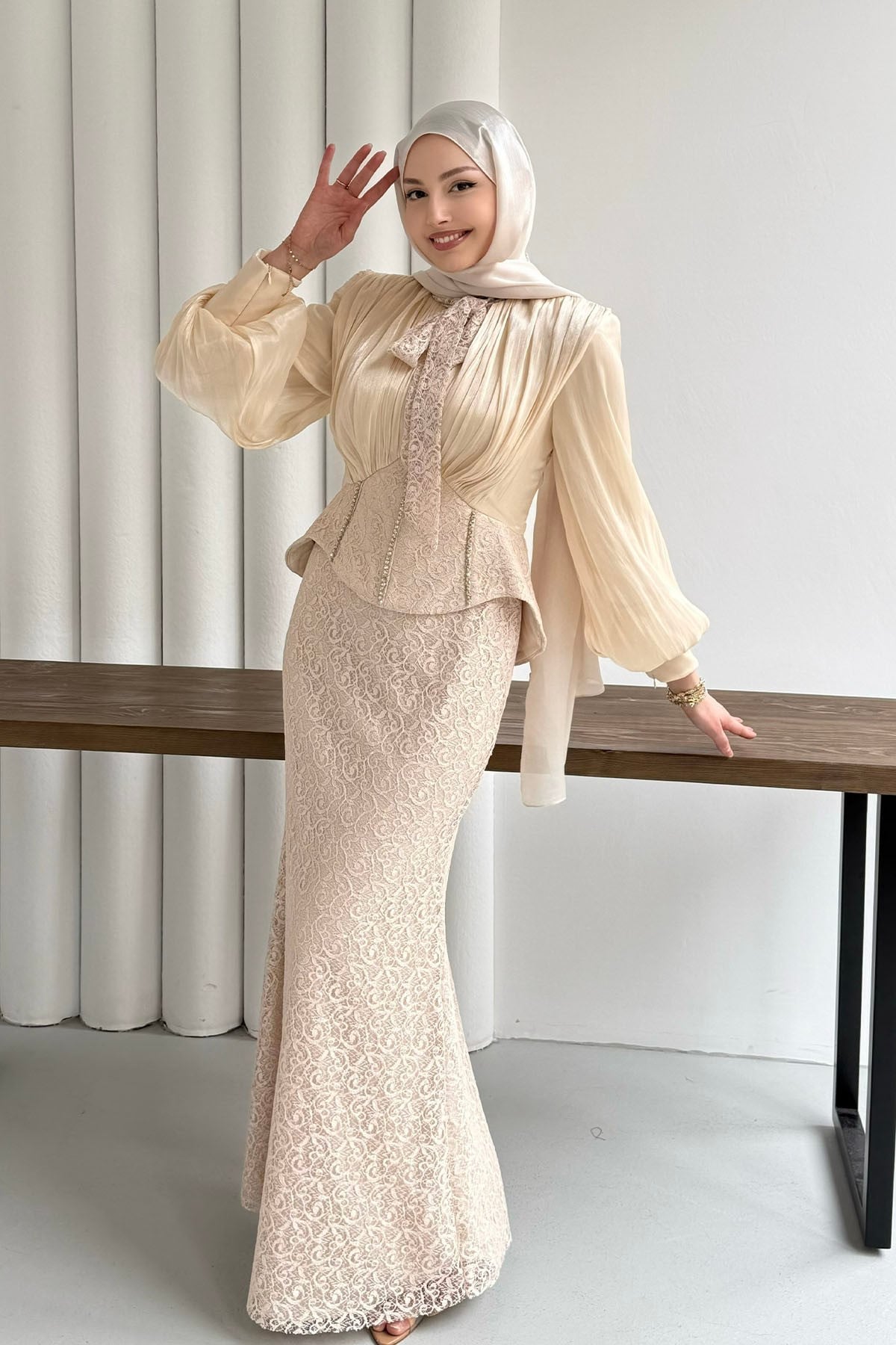 Korseli Taş ve Dantel Detaylı Tesettür Abiye-TAŞ