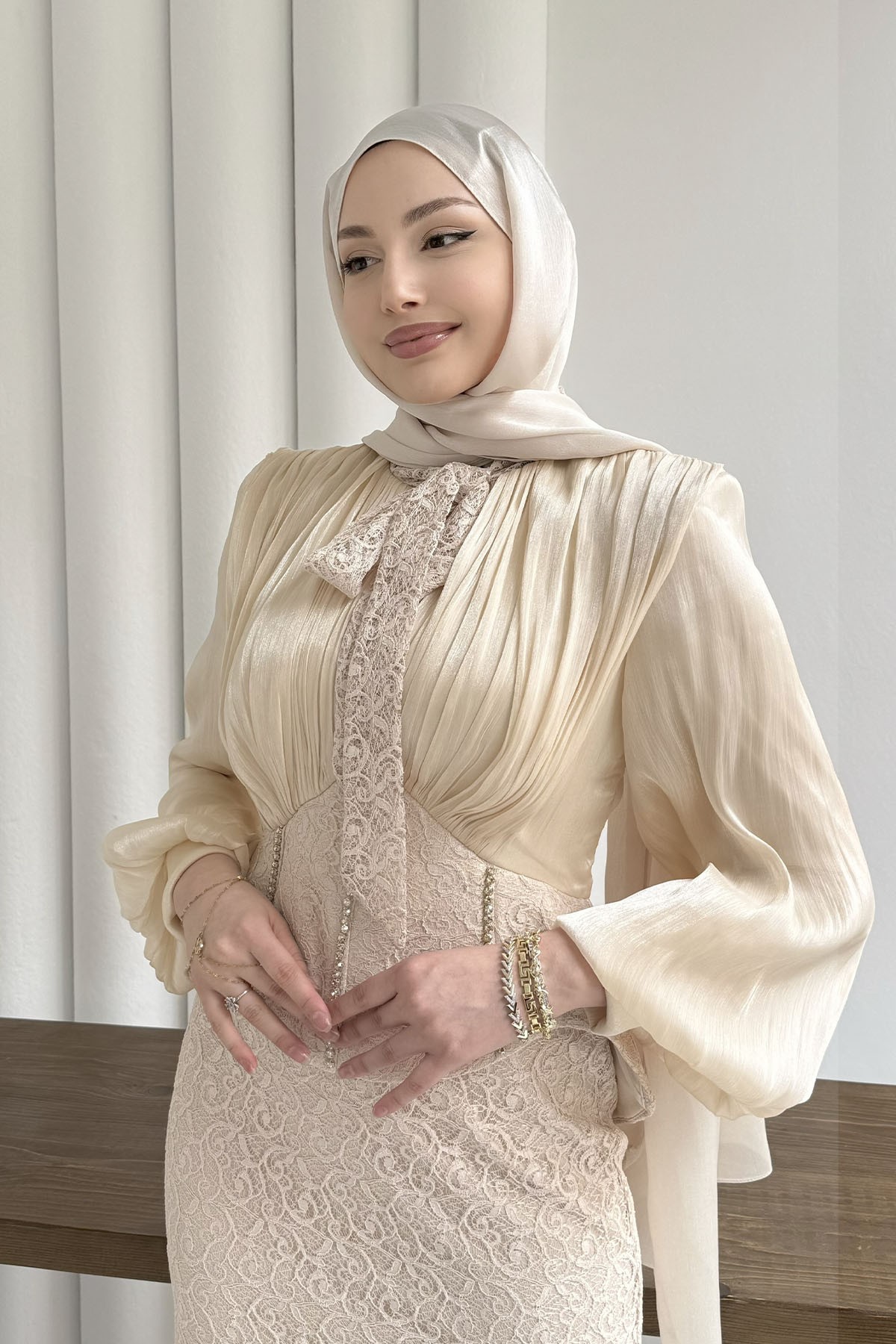 Korseli Taş ve Dantel Detaylı Tesettür Abiye-TAŞ