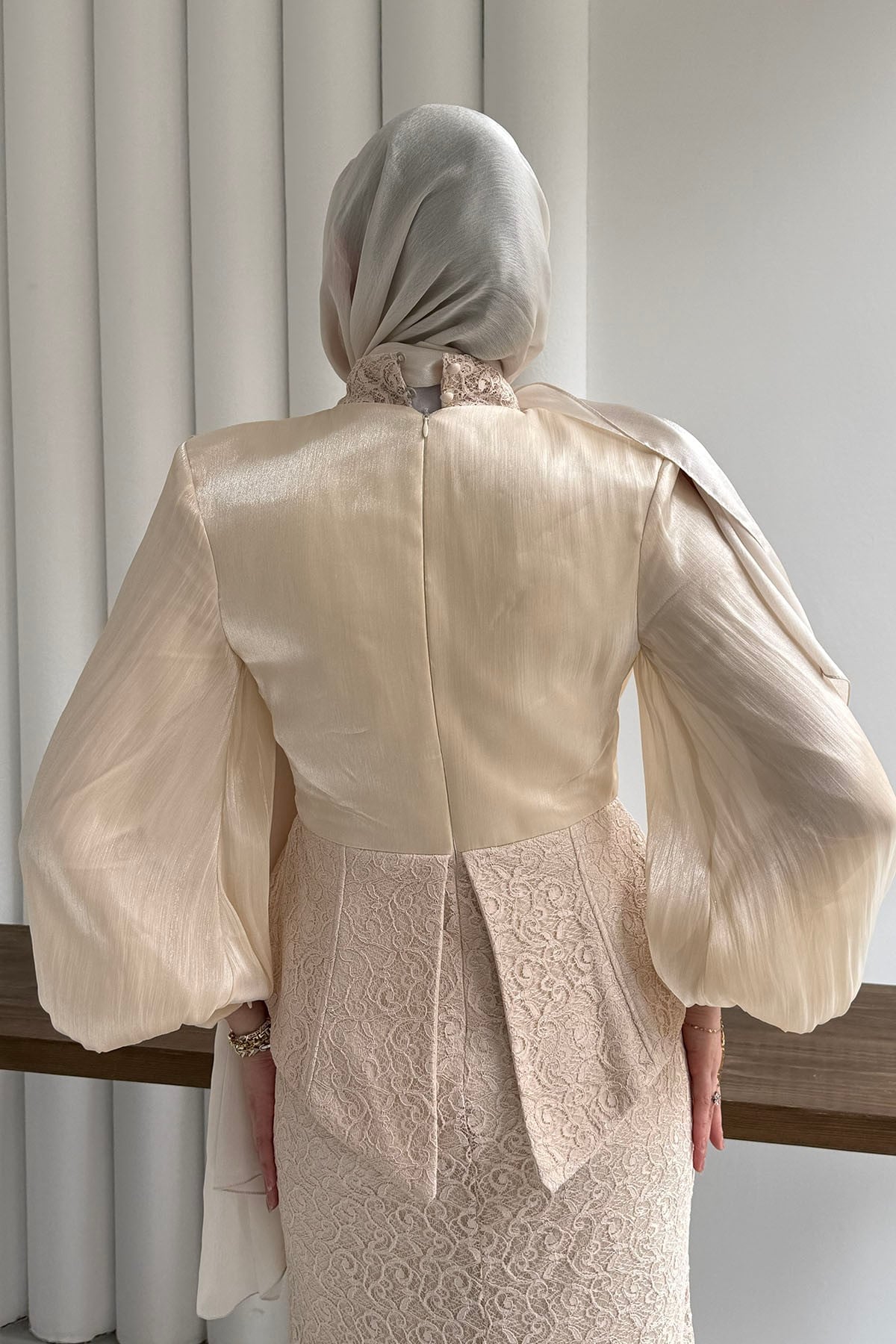 Korseli Taş ve Dantel Detaylı Tesettür Abiye-TAŞ