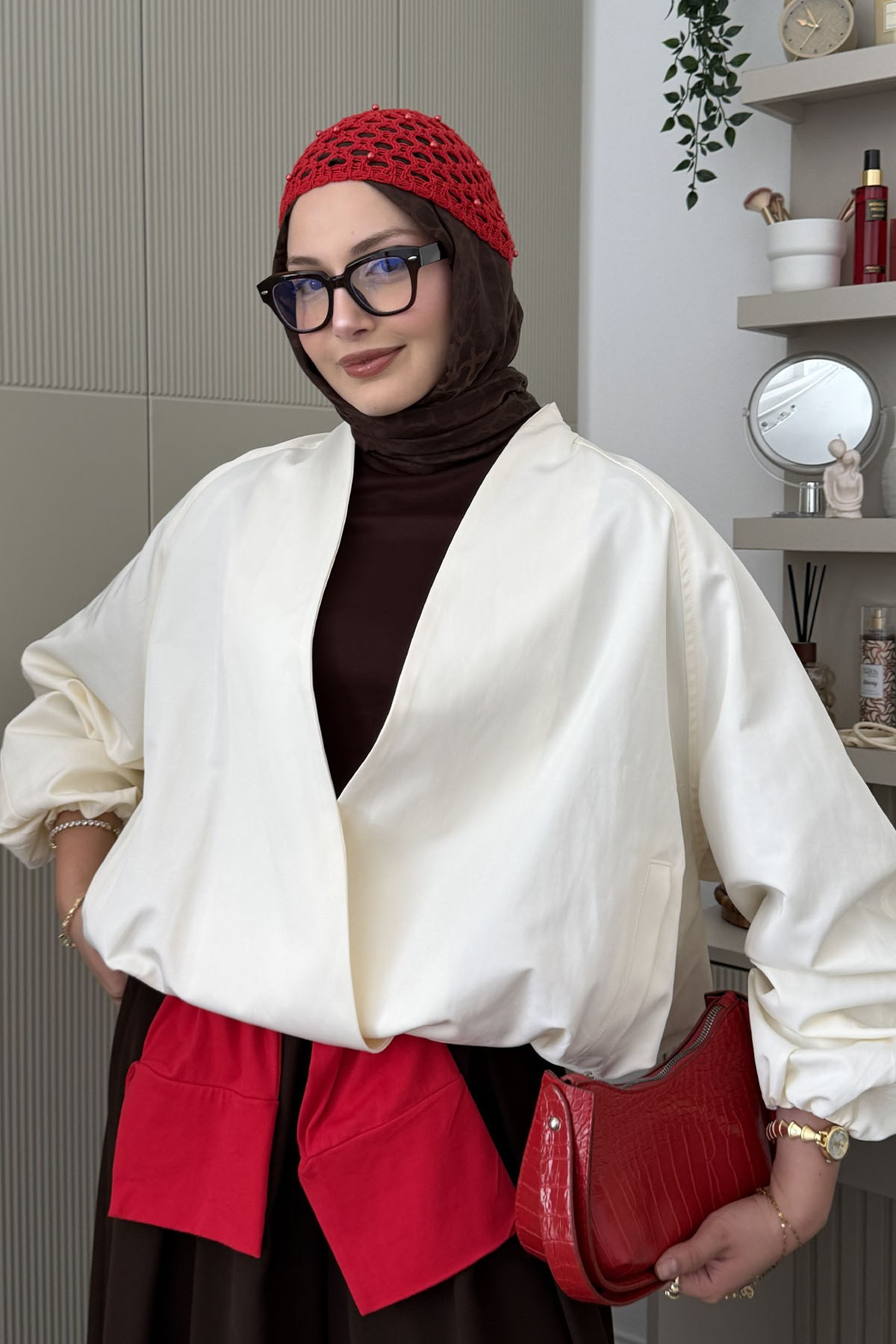 Kruvaze Balon Kesim Kısa Bomber Trençkot-EKRU