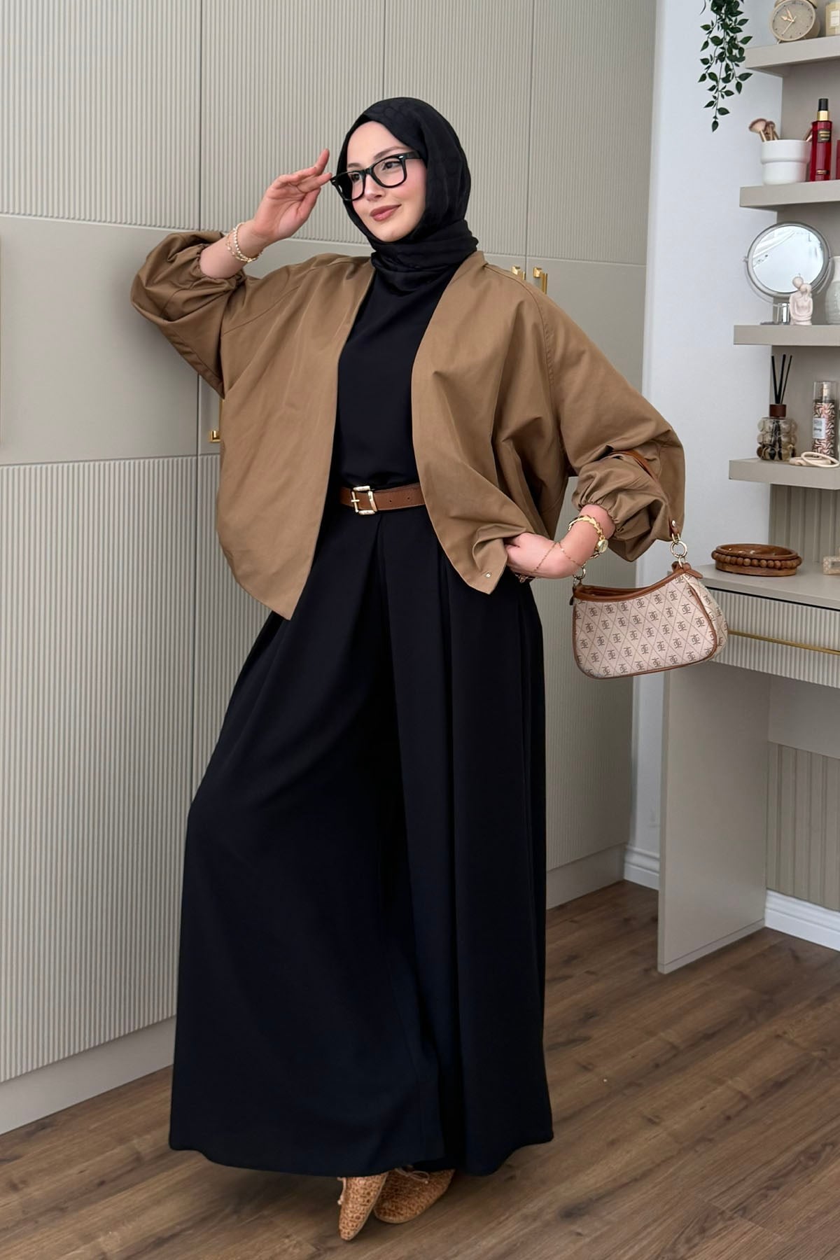 Kruvaze Balon Kesim Kısa Bomber Trençkot-CAMEL