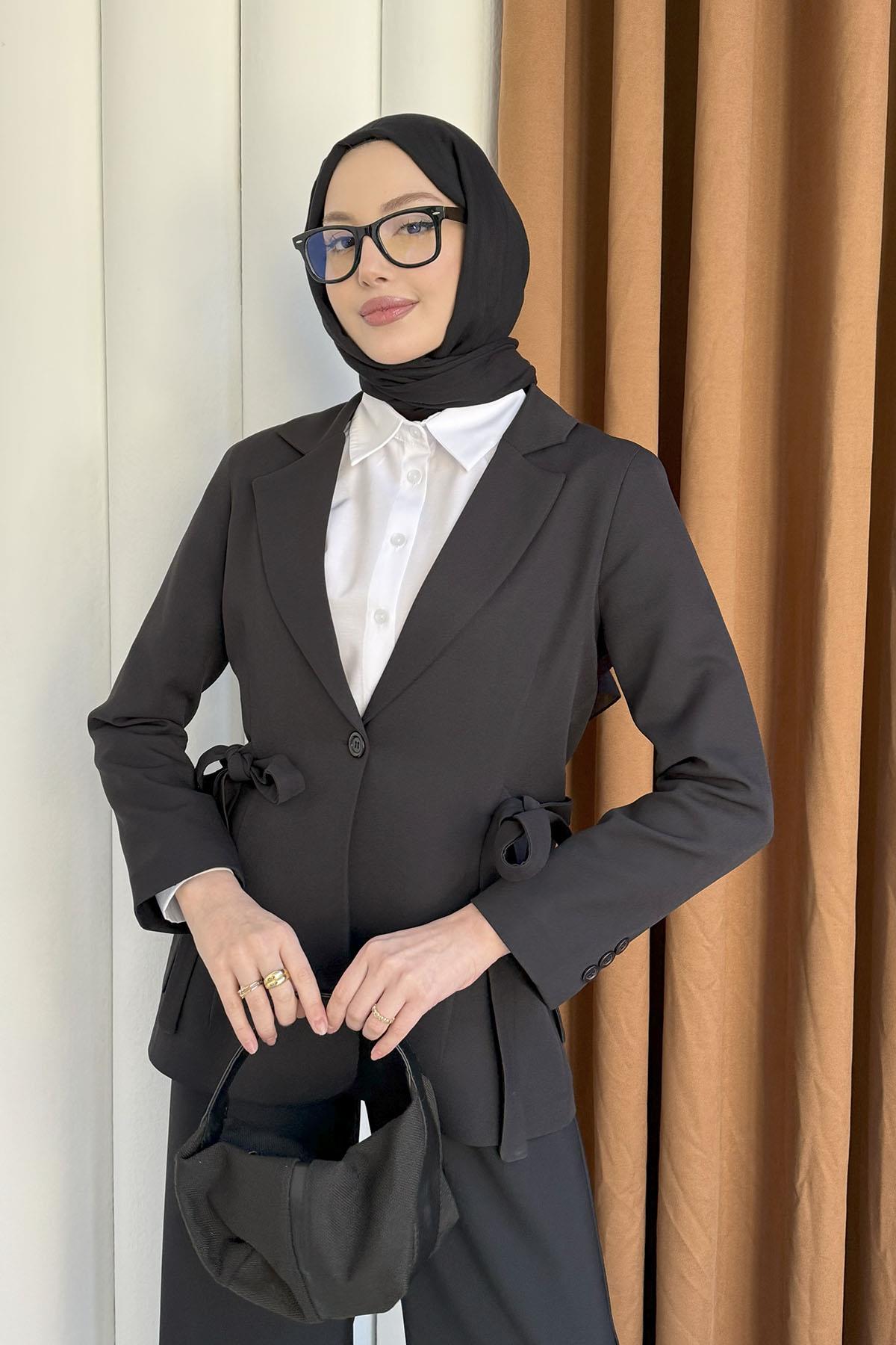 Kruvaze Yaka 2 Yan Bağcıklı Tek Düğme Ceket-SİYAH