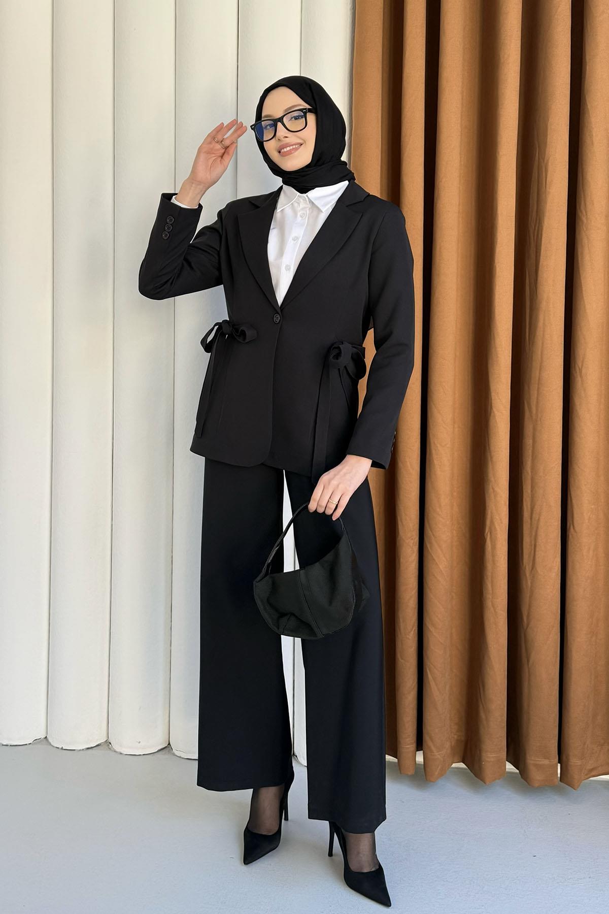 Kruvaze Yaka 2 Yan Bağcıklı Tek Düğme Ceket-SİYAH