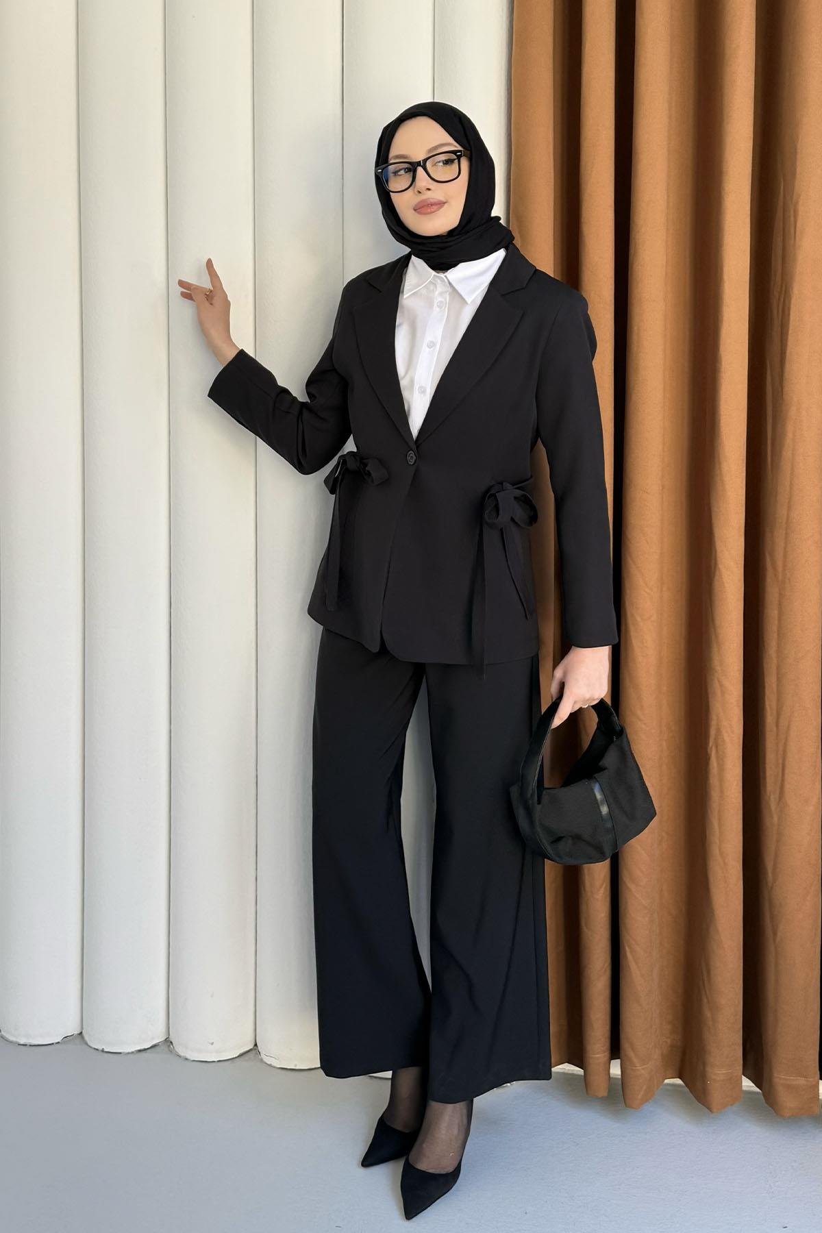 Kruvaze Yaka 2 Yan Bağcıklı Tek Düğme Ceket-SİYAH