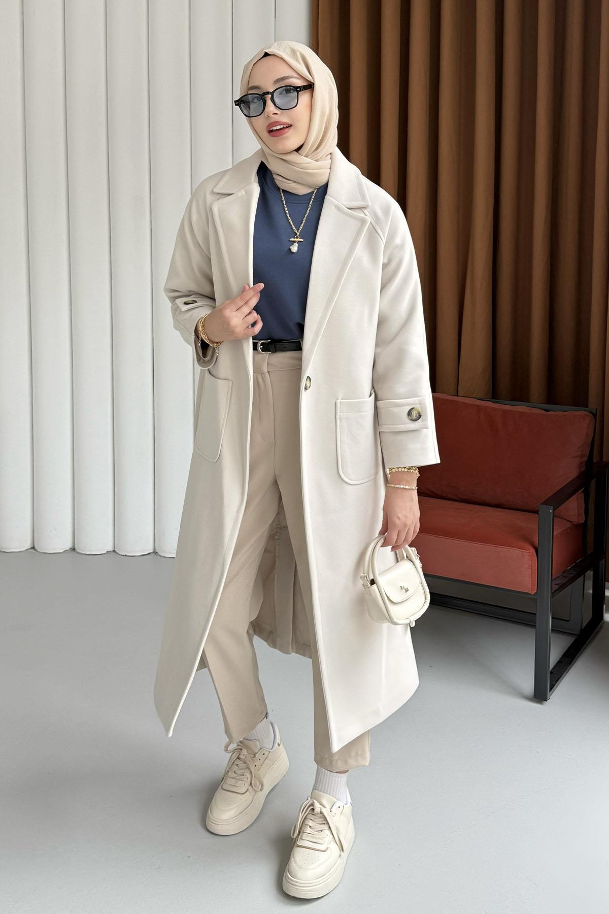 Kruvaze Yaka Bel Kuşaklı Tek Düğme Uzun Kaşe Kaban-KREM