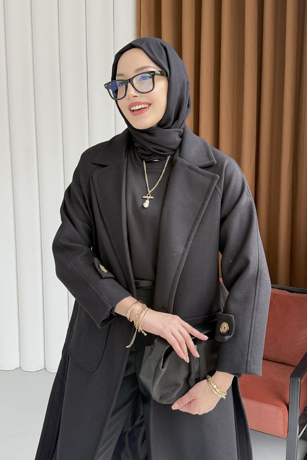 Kruvaze Yaka Bel Kuşaklı Tek Düğme Uzun Kaşe Kaban-SİYAH