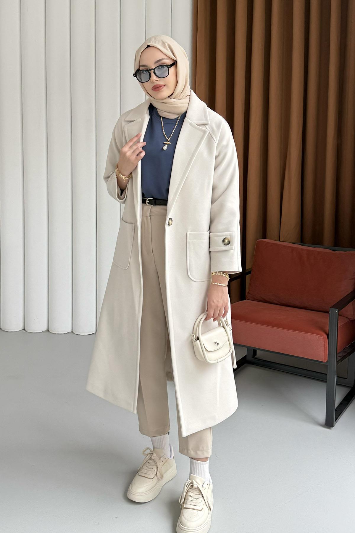 Kruvaze Yaka Bel Kuşaklı Tek Düğme Uzun Kaşe Kaban-KREM