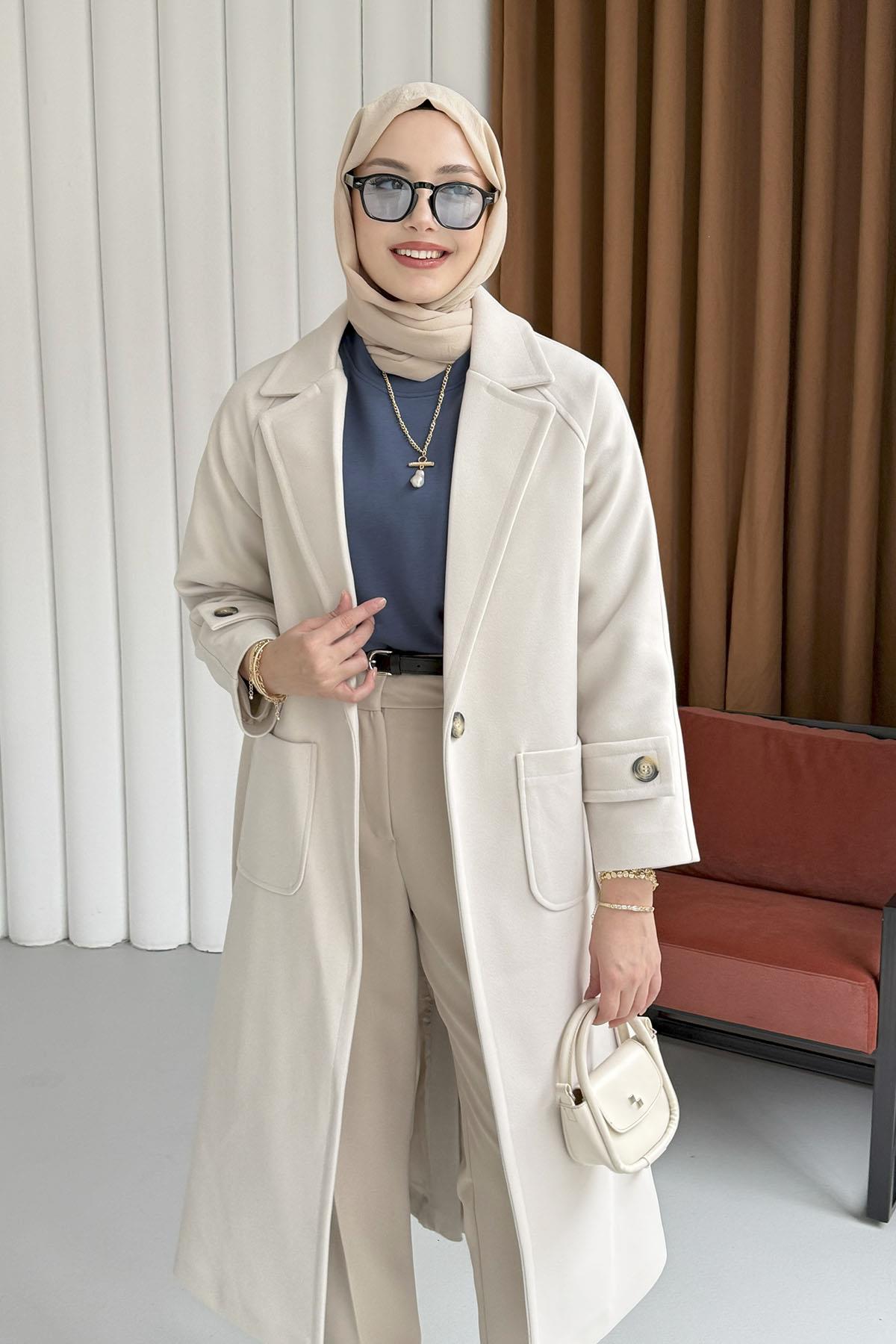 Kruvaze Yaka Bel Kuşaklı Tek Düğme Uzun Kaşe Kaban-KREM