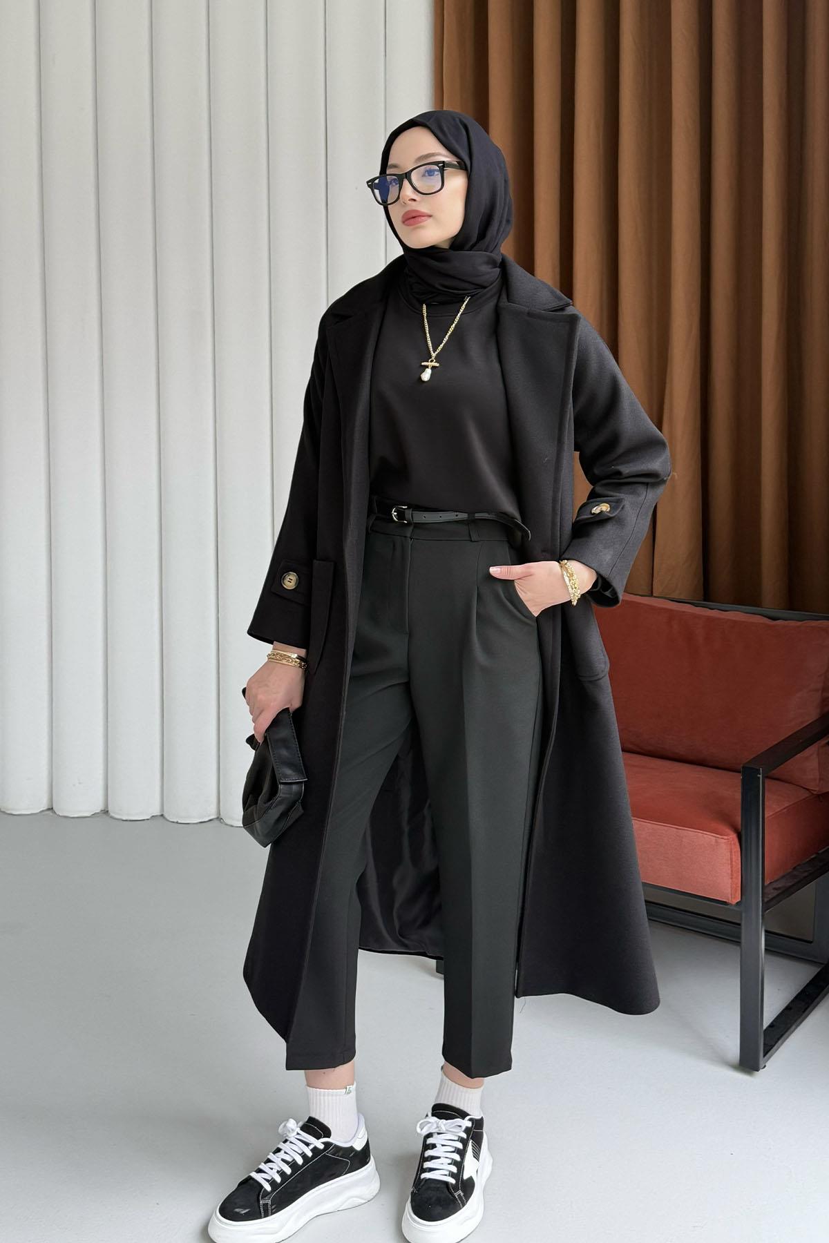 Kruvaze Yaka Bel Kuşaklı Tek Düğme Uzun Kaşe Kaban-SİYAH