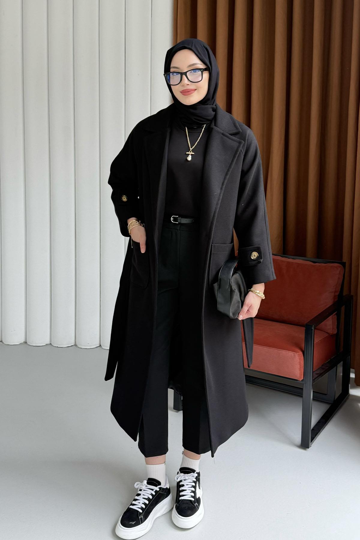 Kruvaze Yaka Bel Kuşaklı Tek Düğme Uzun Kaşe Kaban-SİYAH