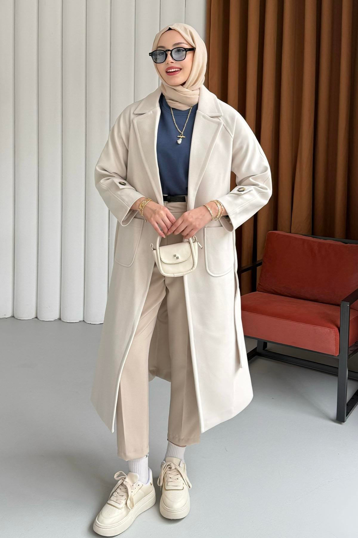 Kruvaze Yaka Bel Kuşaklı Tek Düğme Uzun Kaşe Kaban-KREM