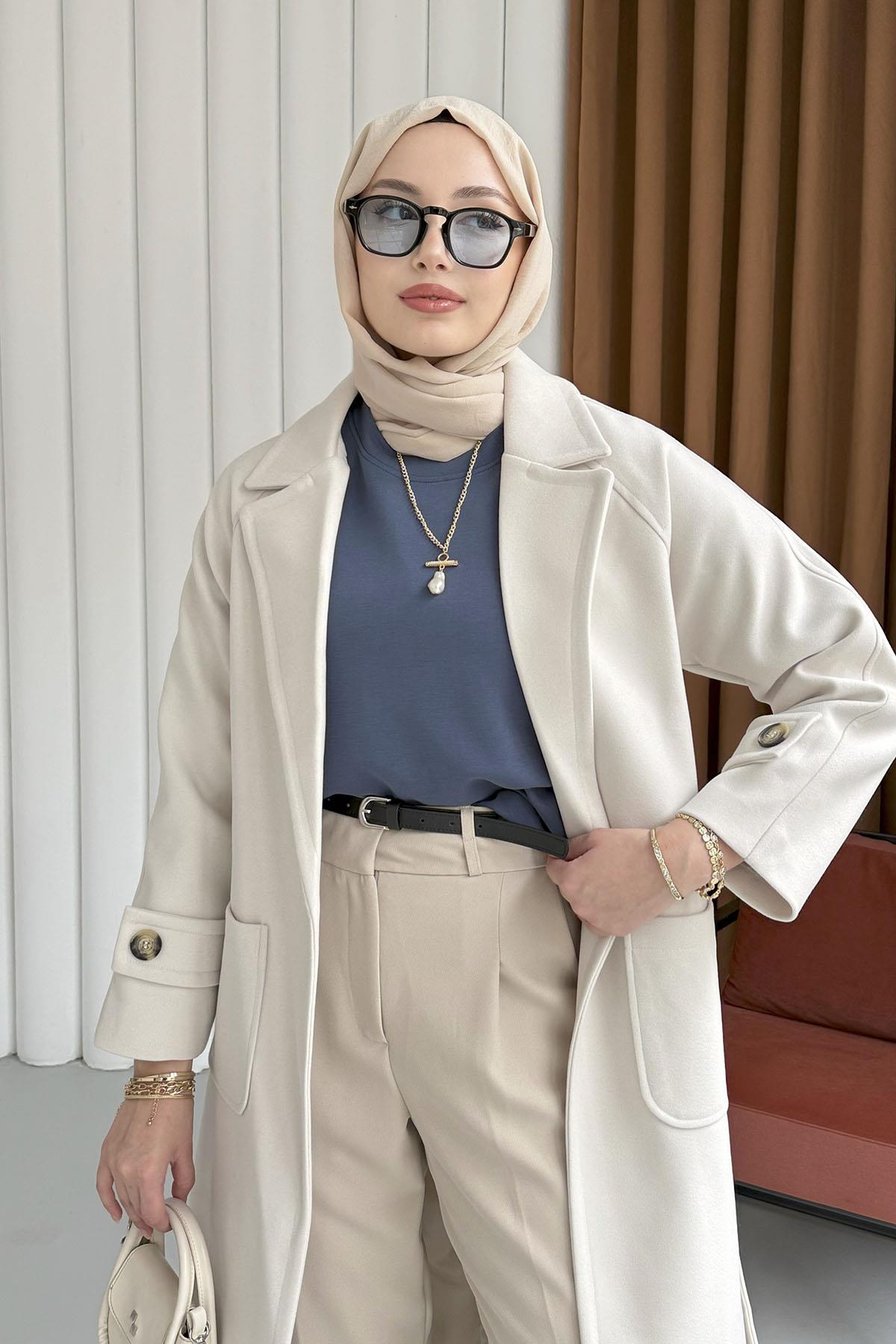 Kruvaze Yaka Bel Kuşaklı Tek Düğme Uzun Kaşe Kaban-KREM