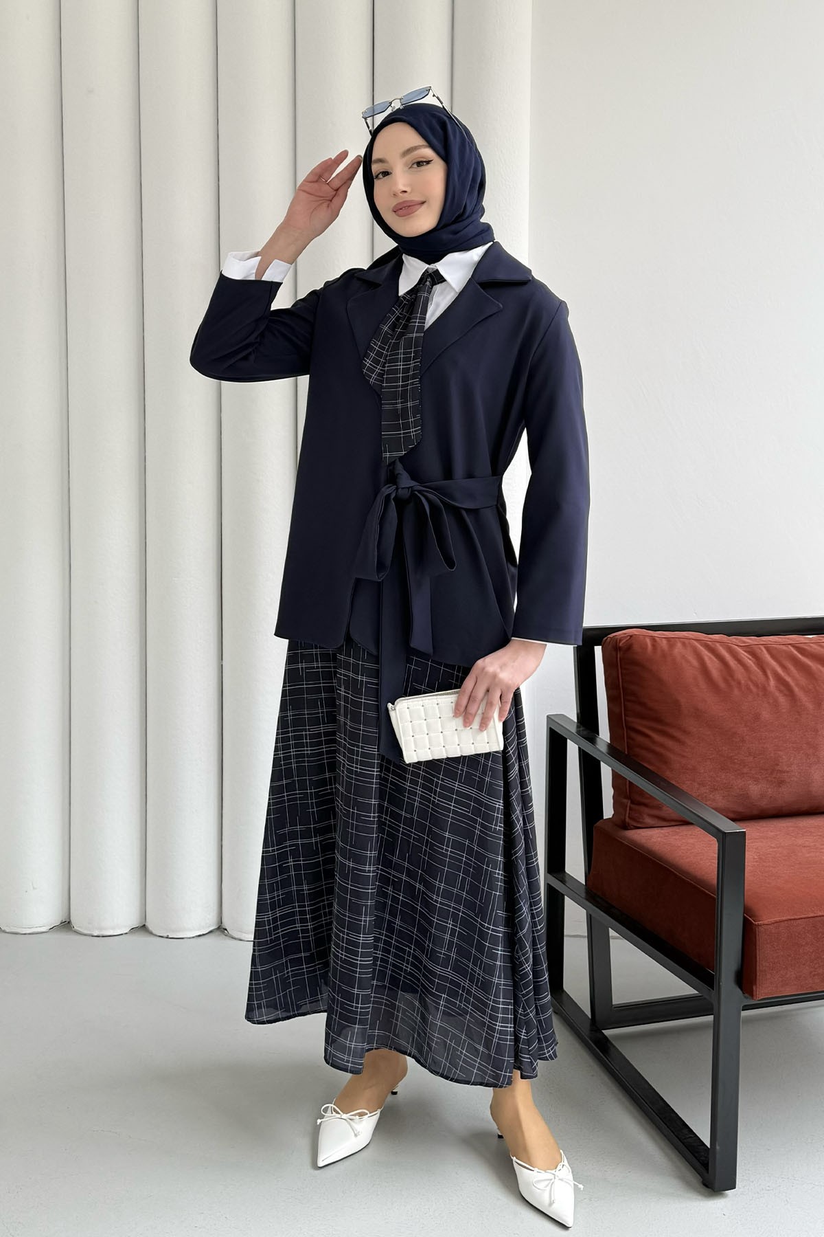 Kruvaze Yaka Ceket Etek Fularlı Tesettür Takım-LACİVERT