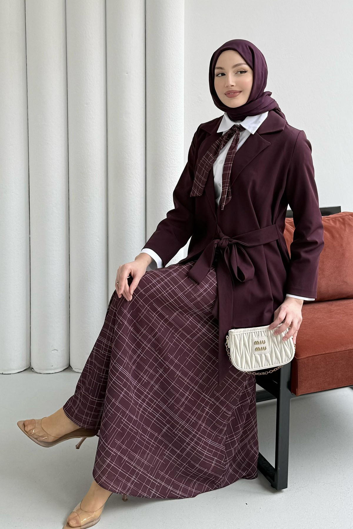 Kruvaze Yaka Ceket Etek Fularlı Tesettür Takım-BORDO