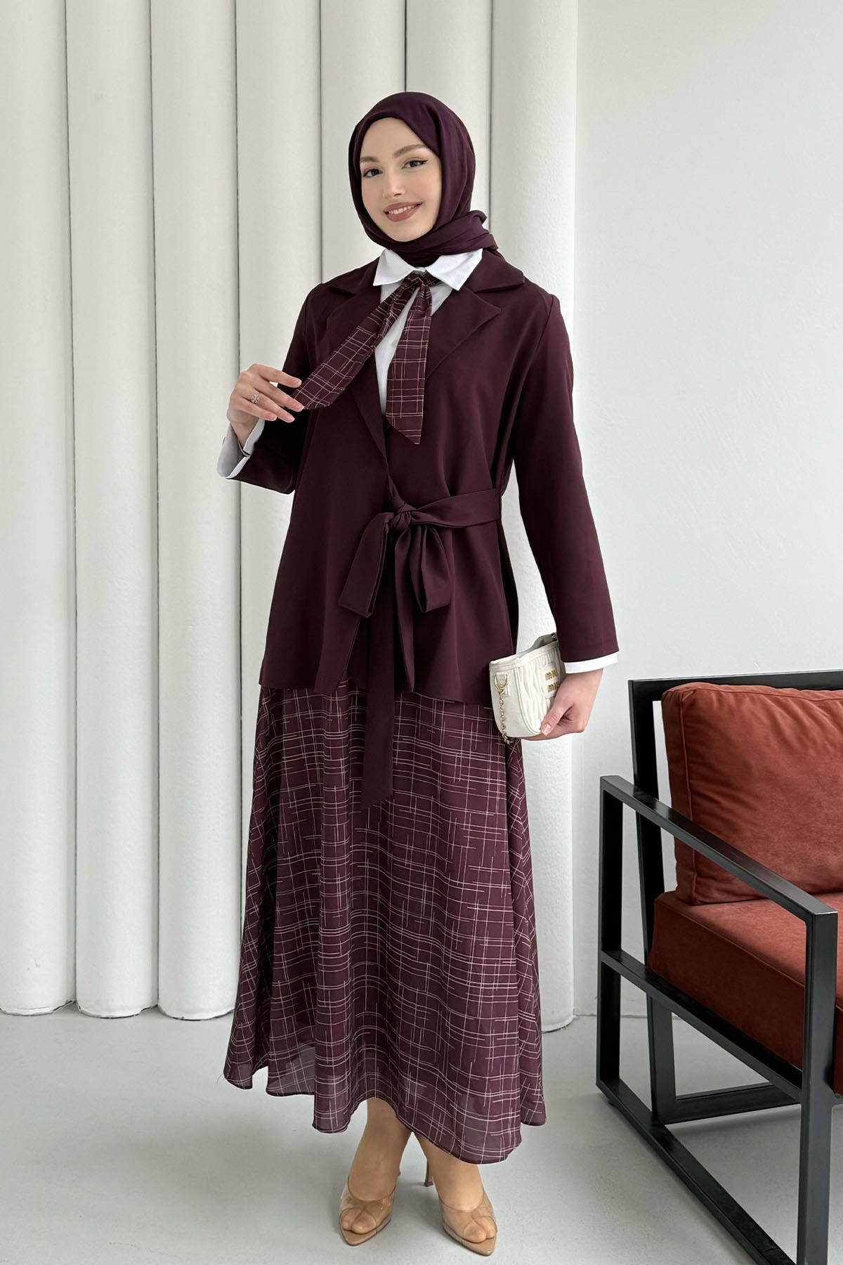 Kruvaze Yaka Ceket Etek Fularlı Tesettür Takım-BORDO