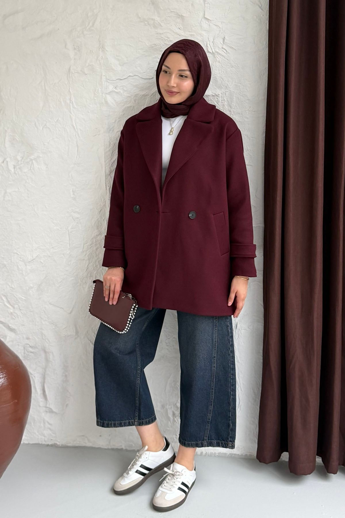 Kruvaze Yaka Çift Düğmeli Kısa Kaşe Kaban-BORDO