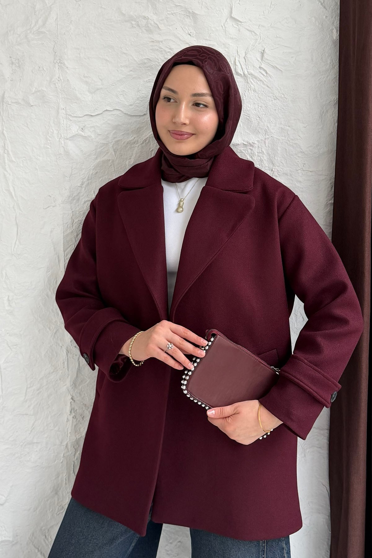 Kruvaze Yaka Çift Düğmeli Kısa Kaşe Kaban-BORDO