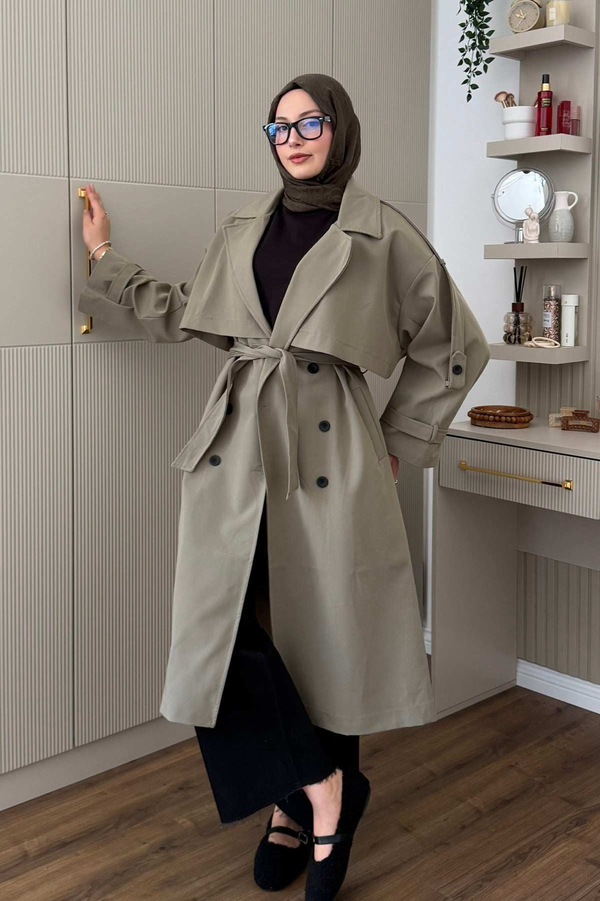 Kruvaze Yaka Kuşak Detaylı Oversize Trençkot-HAKİ YEŞİL