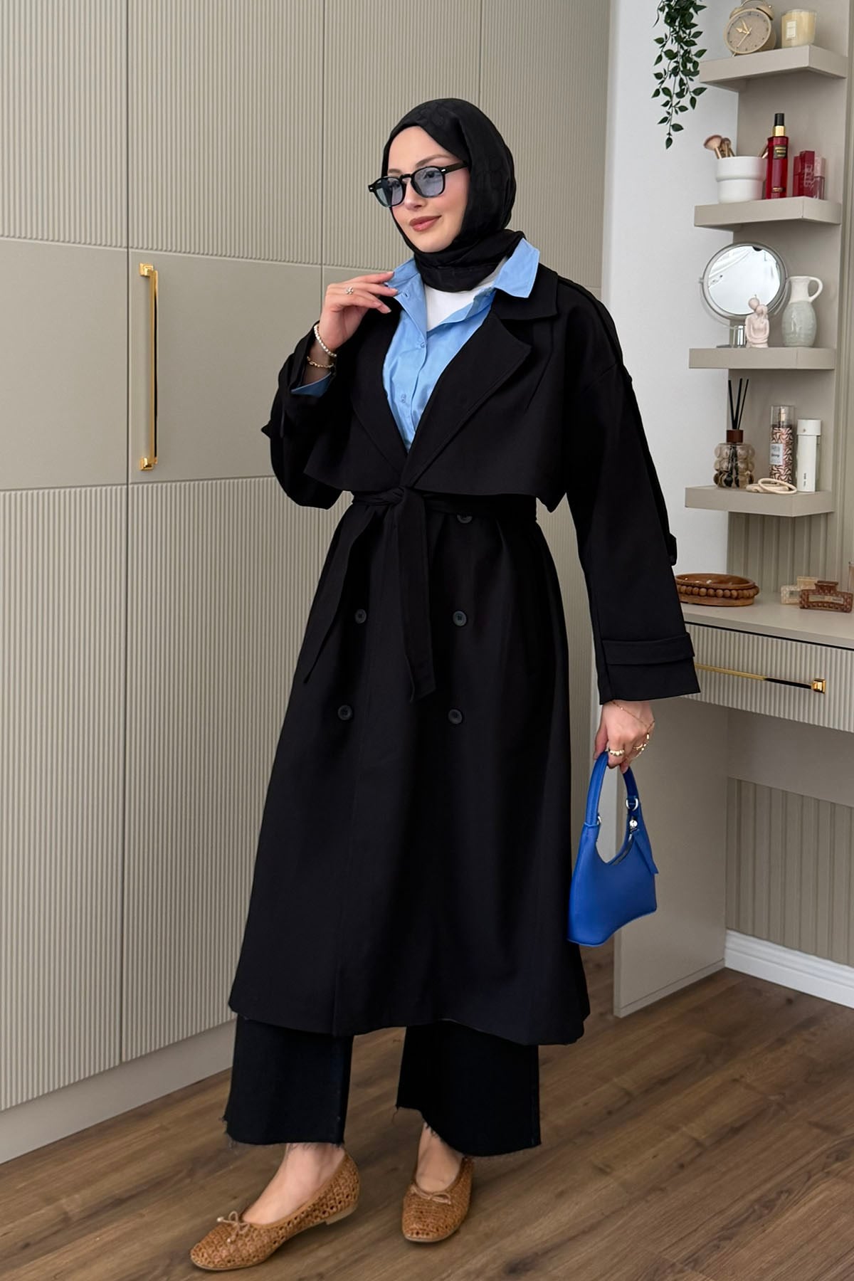 Kruvaze Yaka Kuşak Detaylı Oversize Trençkot-SİYAH