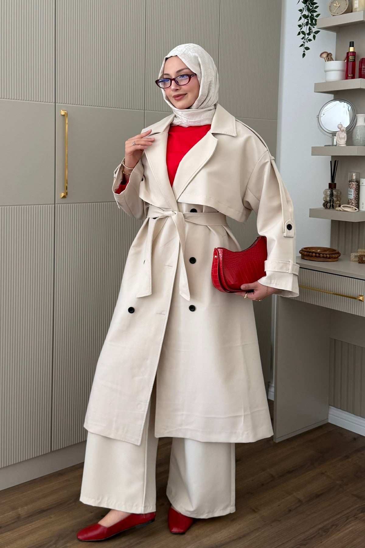 Kruvaze Yaka Kuşak Detaylı Oversize Trençkot-TAŞ