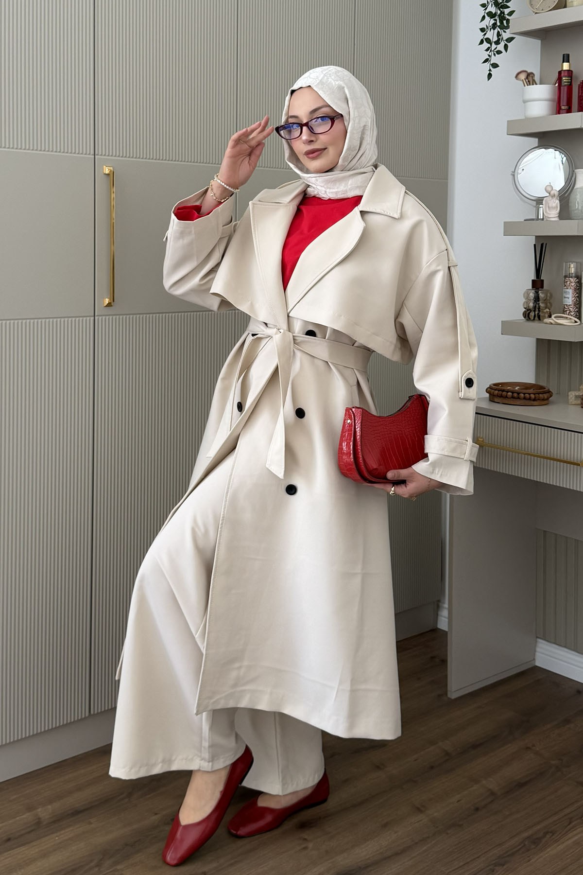 Kruvaze Yaka Kuşak Detaylı Oversize Trençkot-TAŞ