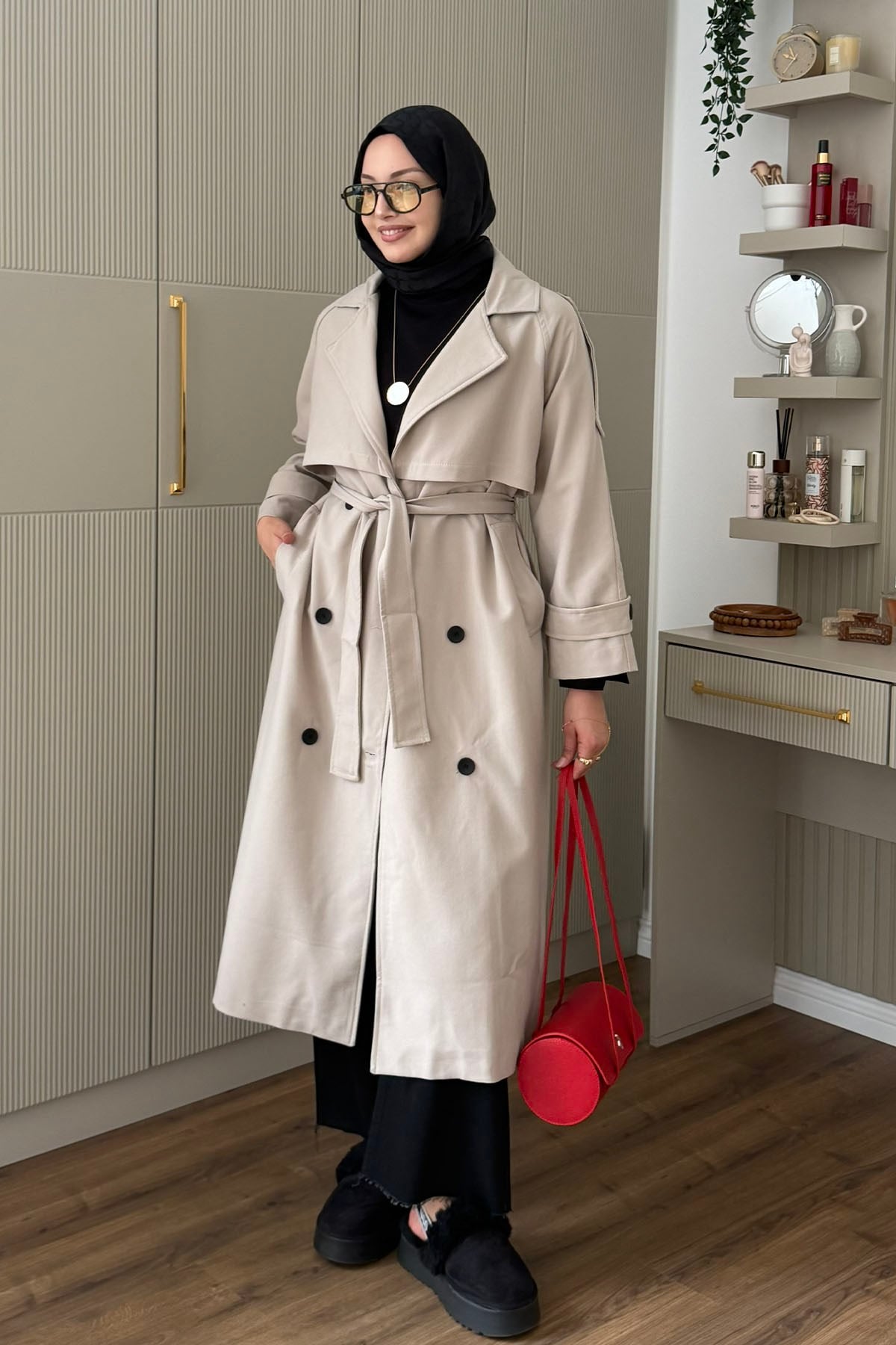 Kruvaze Yaka Kuşak Detaylı Oversize Uzun Trençkot-TAŞ
