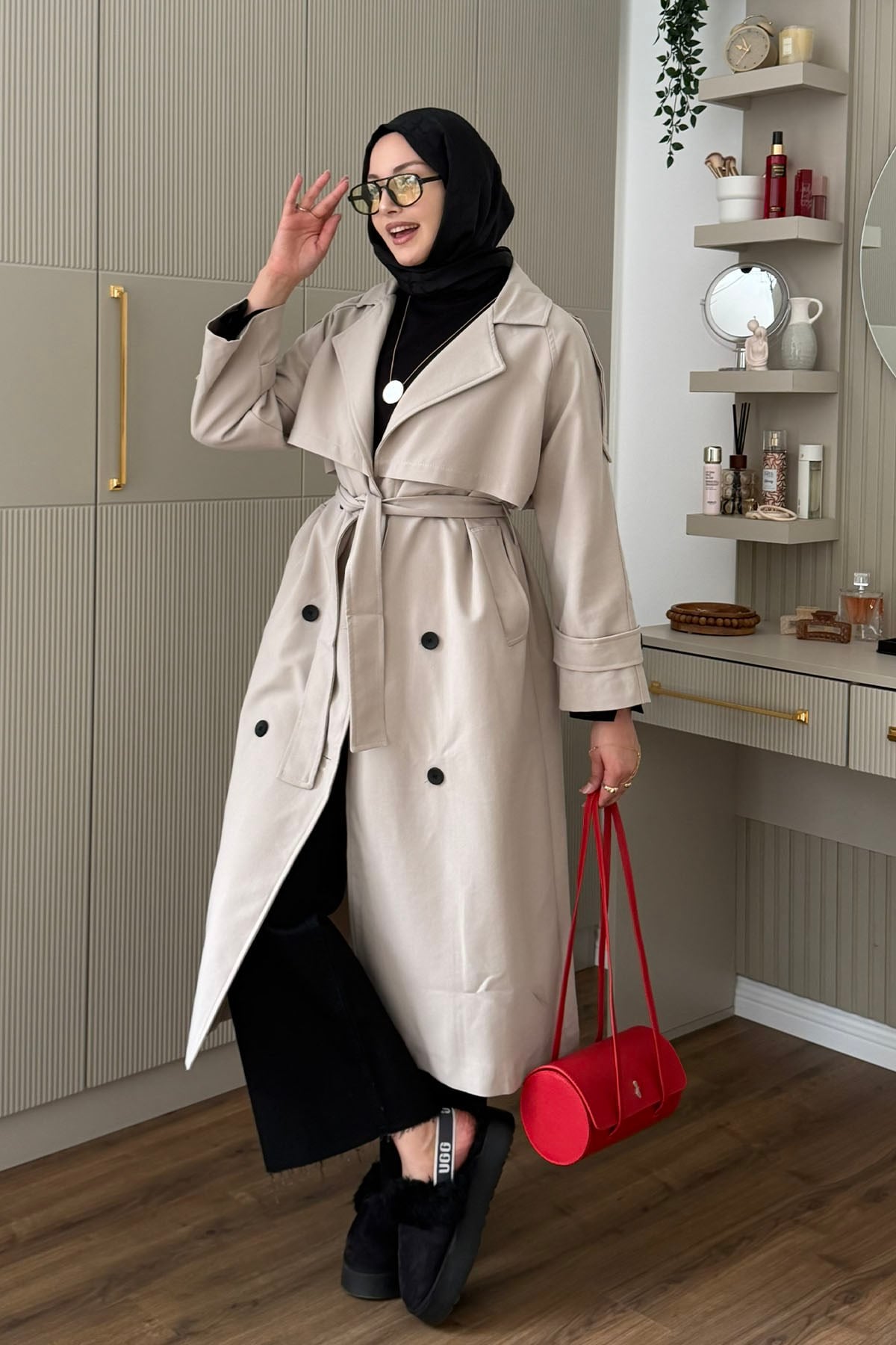 Kruvaze Yaka Kuşak Detaylı Oversize Uzun Trençkot-TAŞ