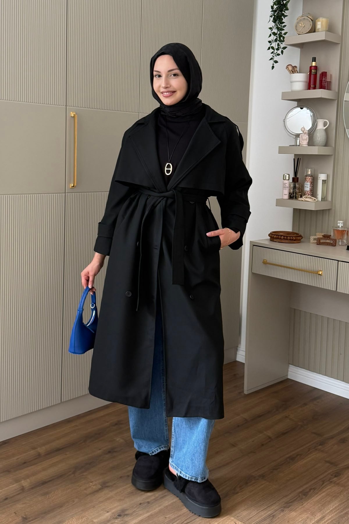Kruvaze Yaka Kuşak Detaylı Oversize Uzun Trençkot-SİYAH