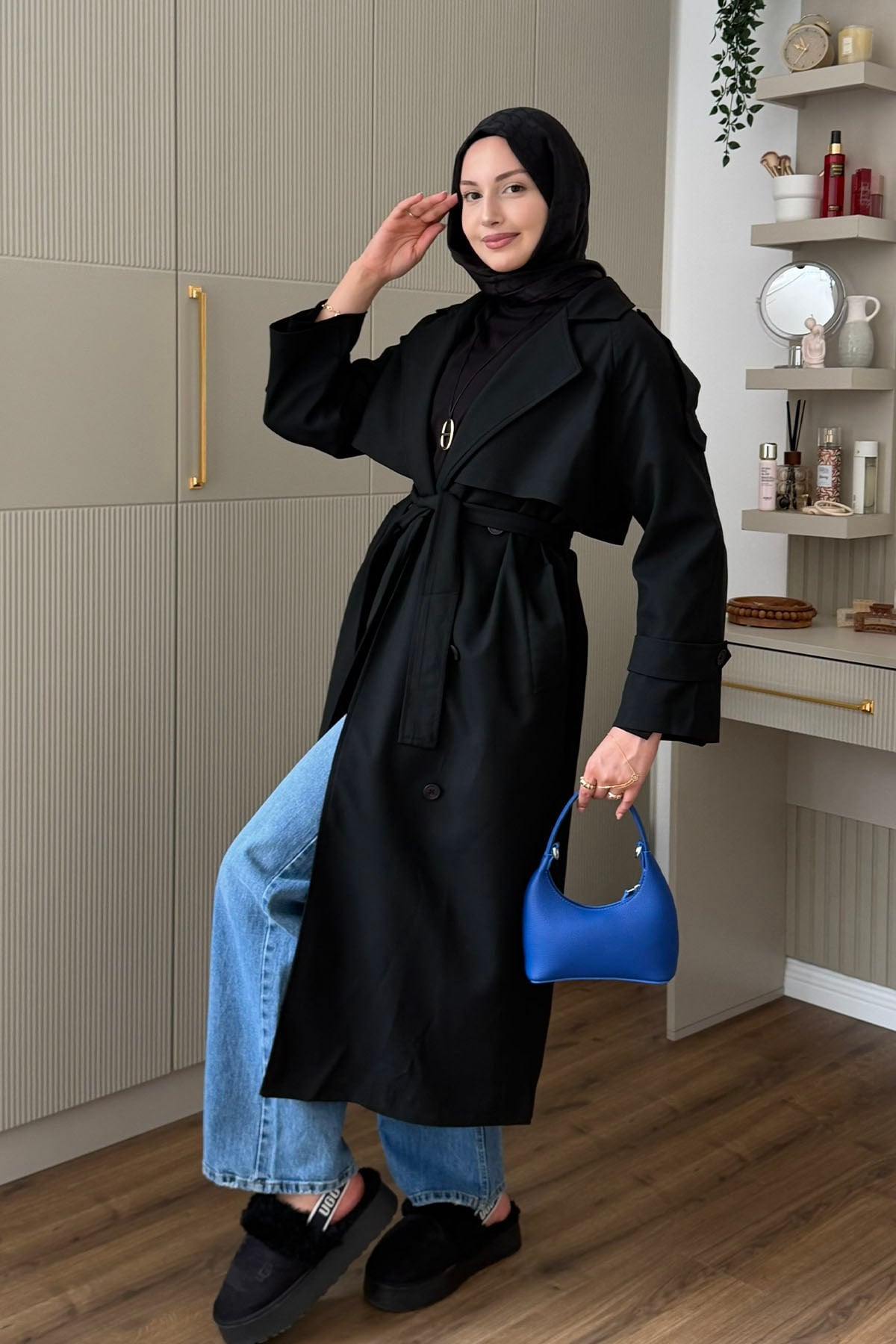 Kruvaze Yaka Kuşak Detaylı Oversize Uzun Trençkot-SİYAH