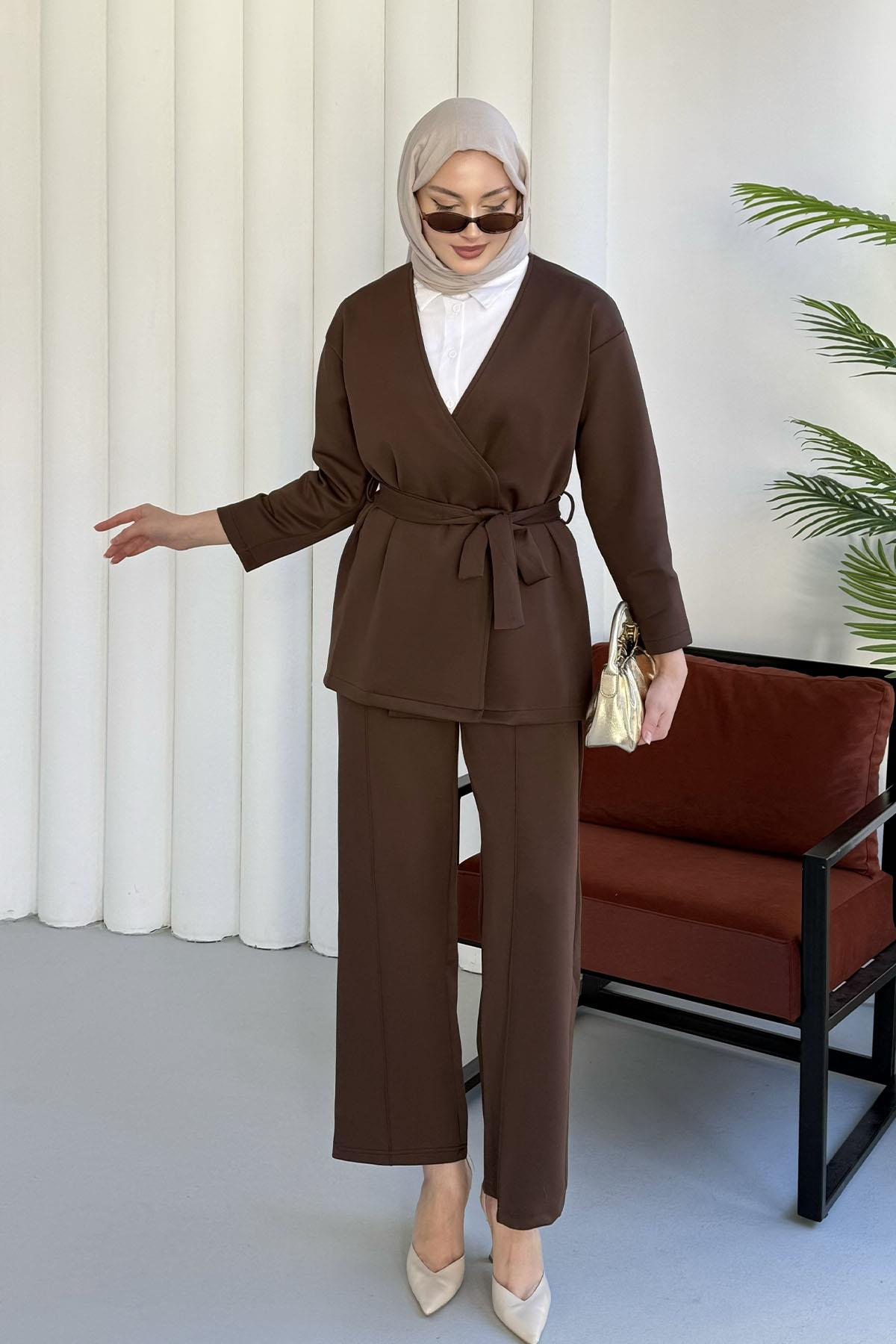 Kruvaze Yaka Tek Düğme Pantolon Tesettür Takım-KAHVERENGİ