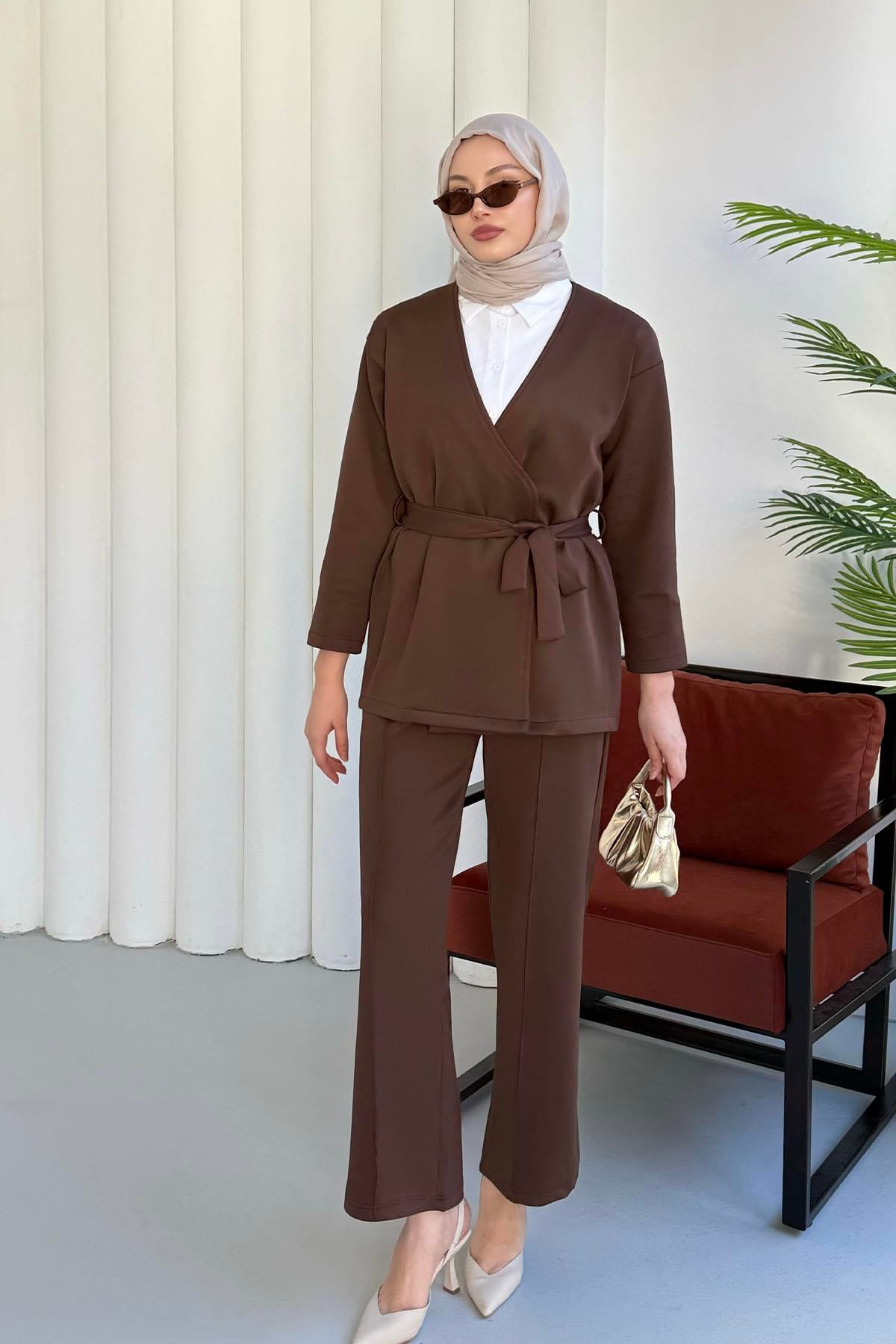 Kruvaze Yaka Tek Düğme Pantolon Tesettür Takım-KAHVERENGİ