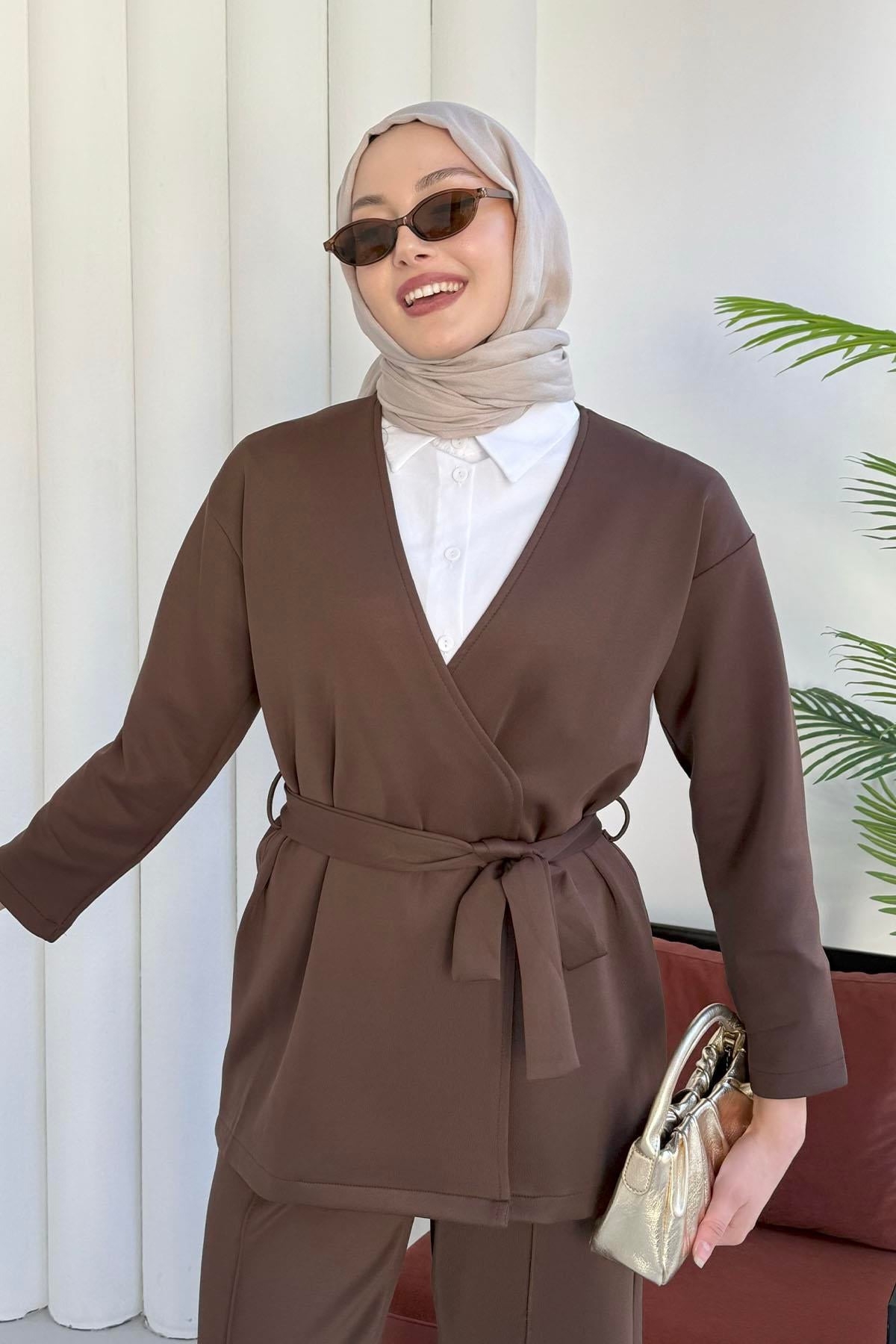 Kruvaze Yaka Tek Düğme Pantolon Tesettür Takım-KAHVERENGİ