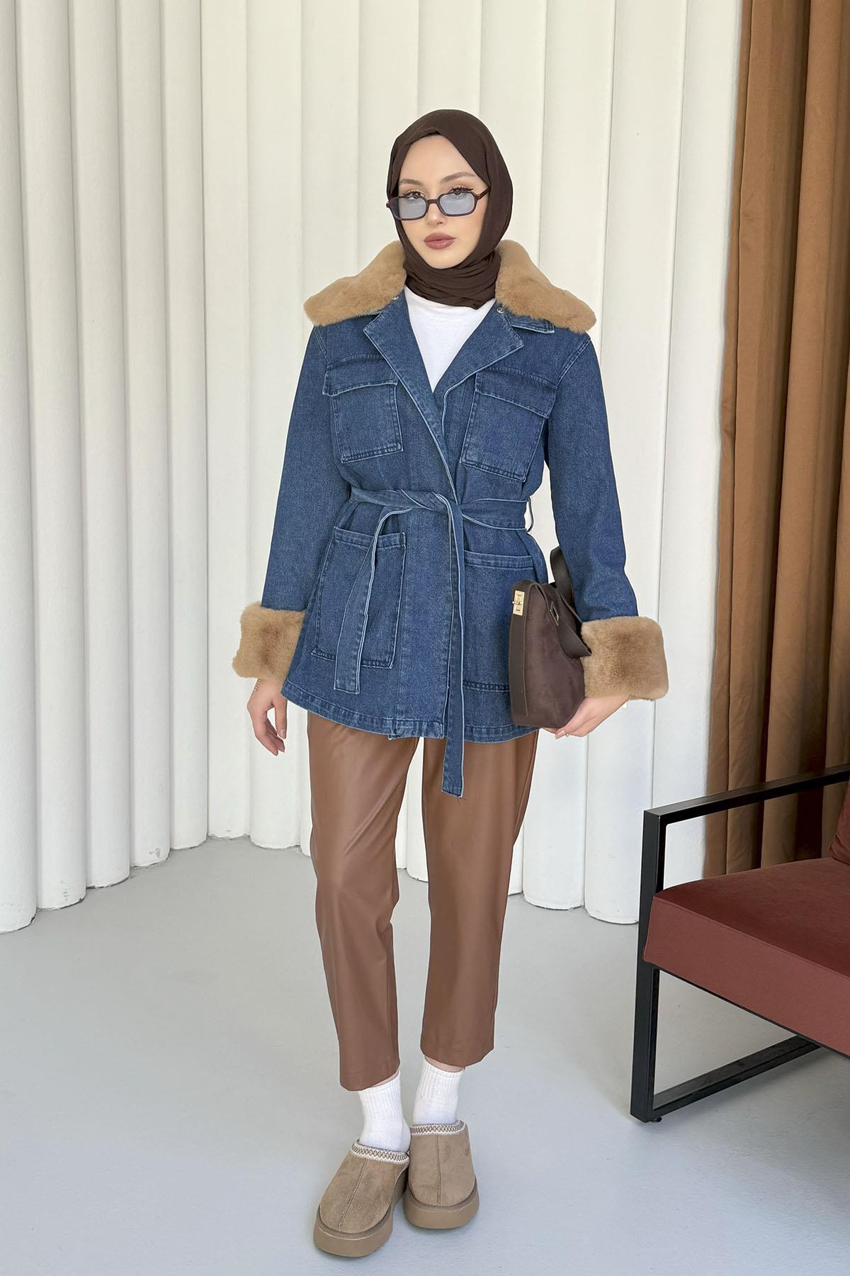 Kürklü Denim Ceket-MAVİ