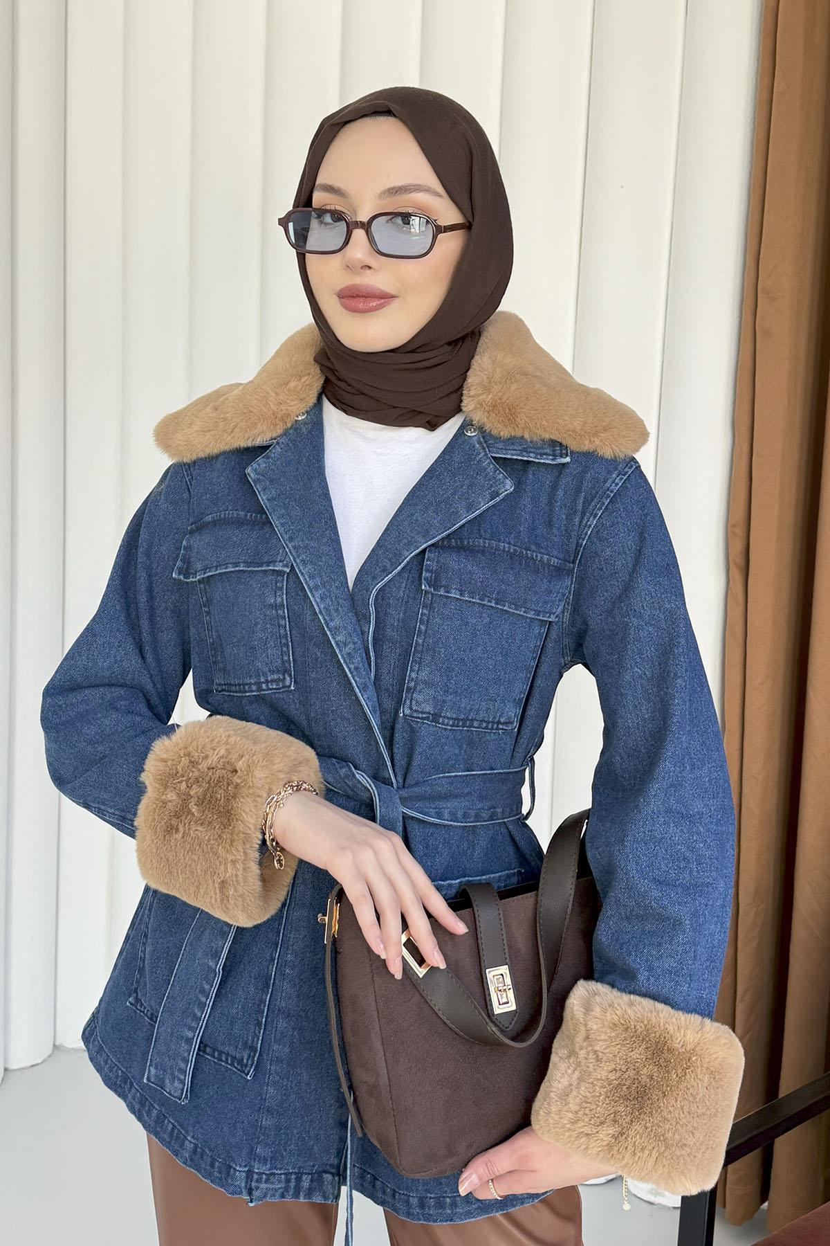 Kürklü Denim Ceket-MAVİ