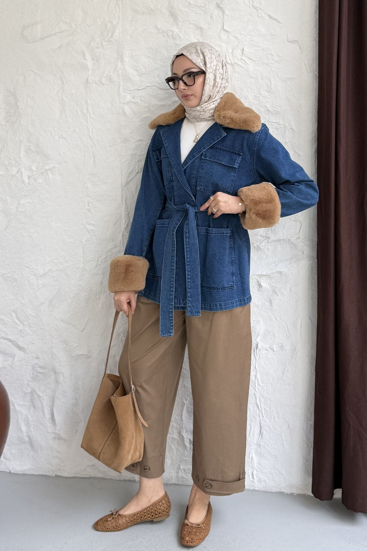 Kürklü Denim Ceket-MAVİ