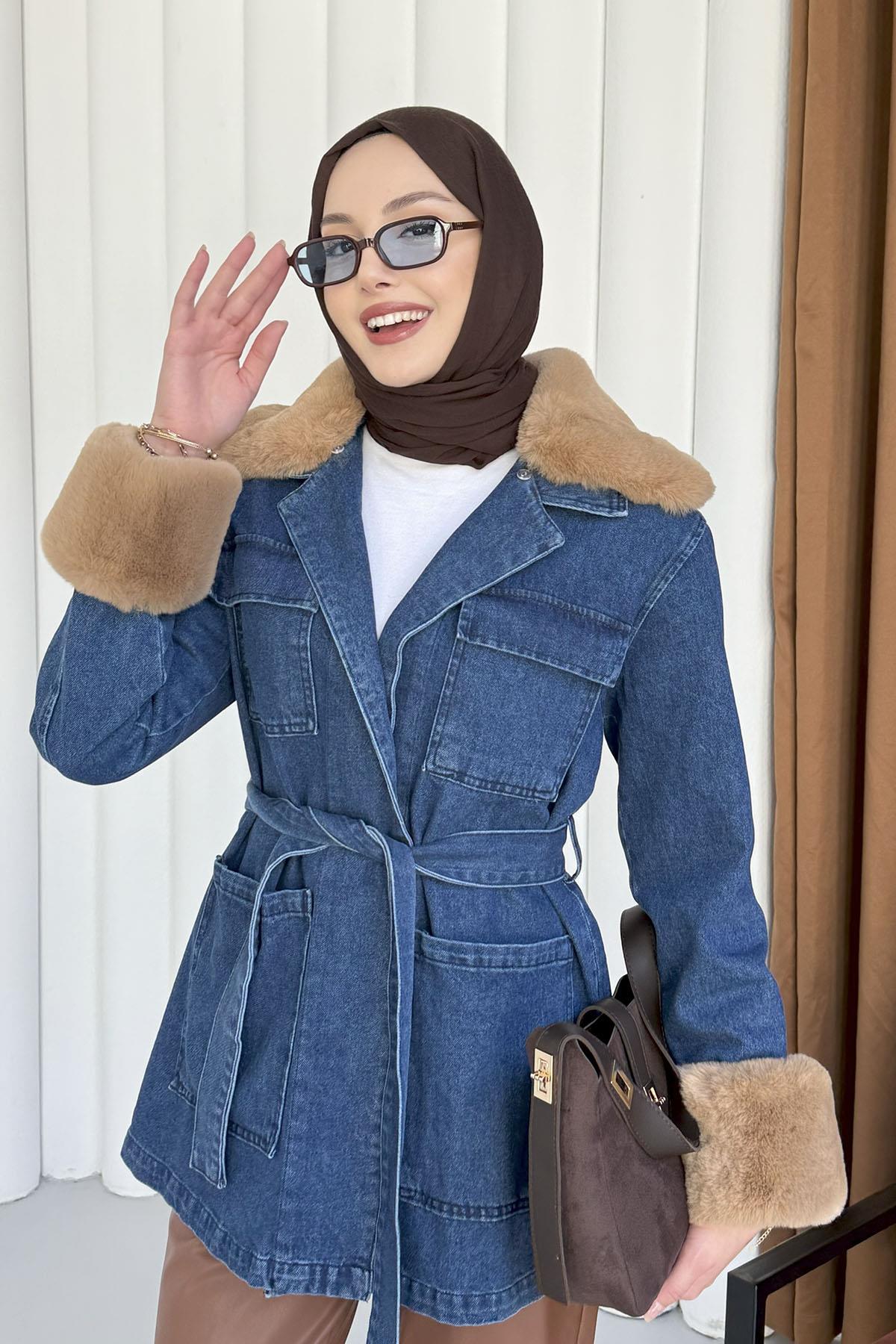 Kürklü Denim Ceket-MAVİ