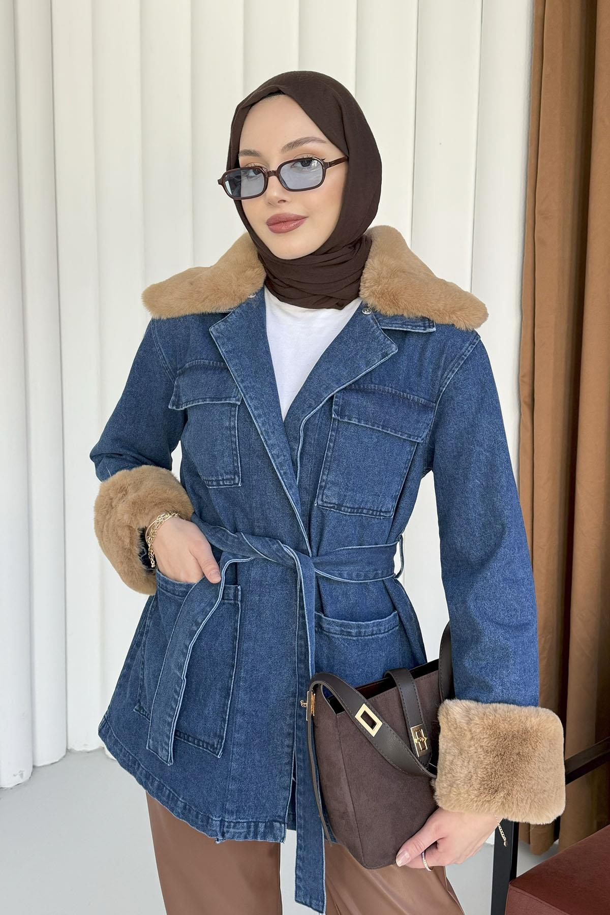 Kürklü Denim Ceket-MAVİ