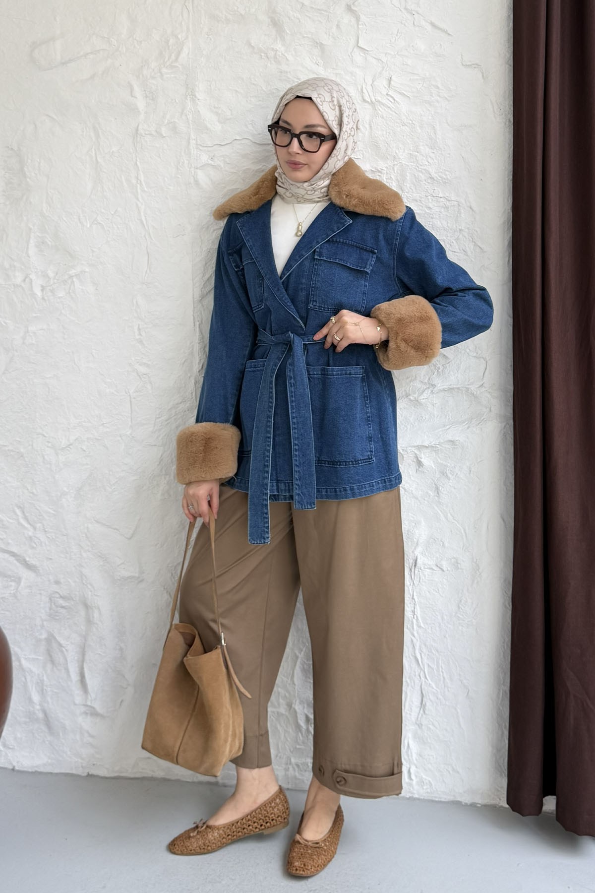 Kürklü Denim Ceket-MAVİ