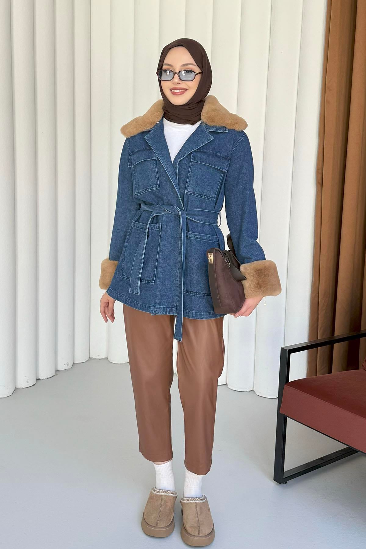 Kürklü Denim Ceket-MAVİ