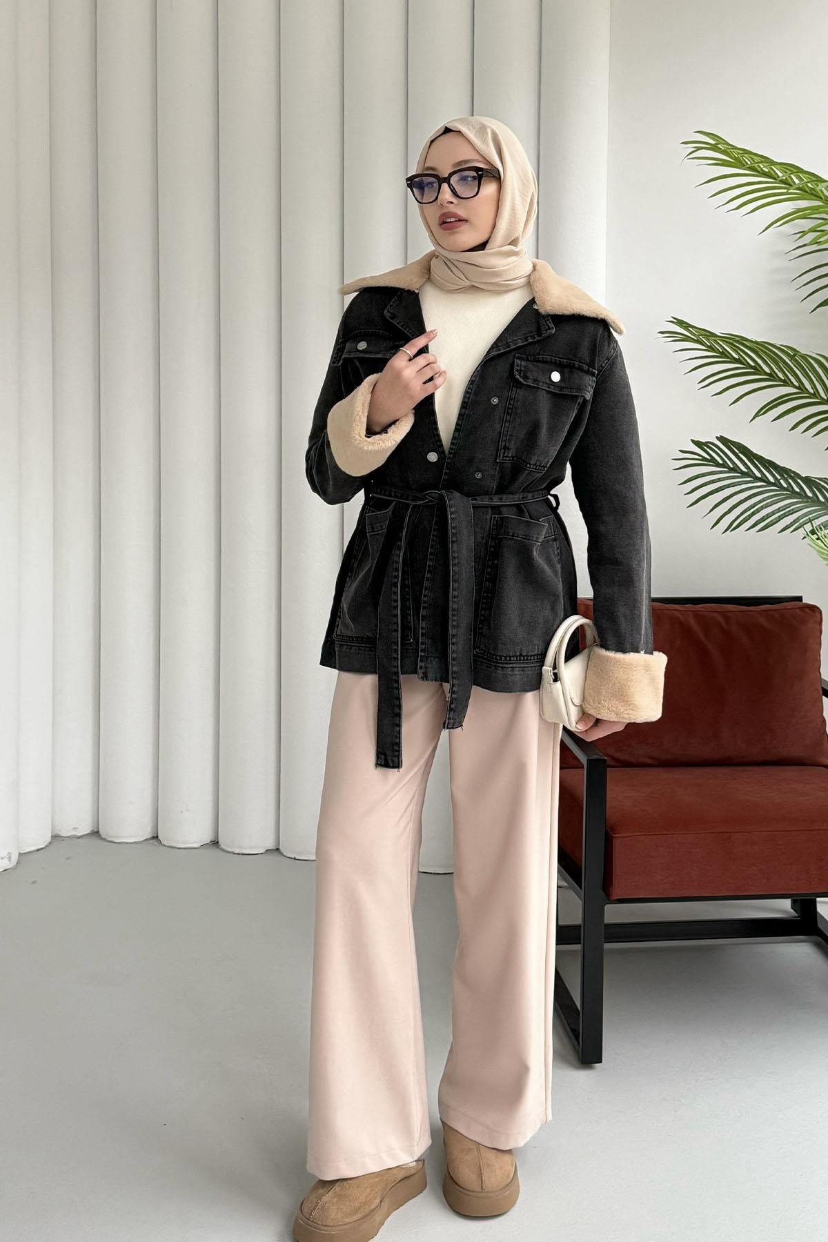 Kürklü Denim Ceket-SİYAH