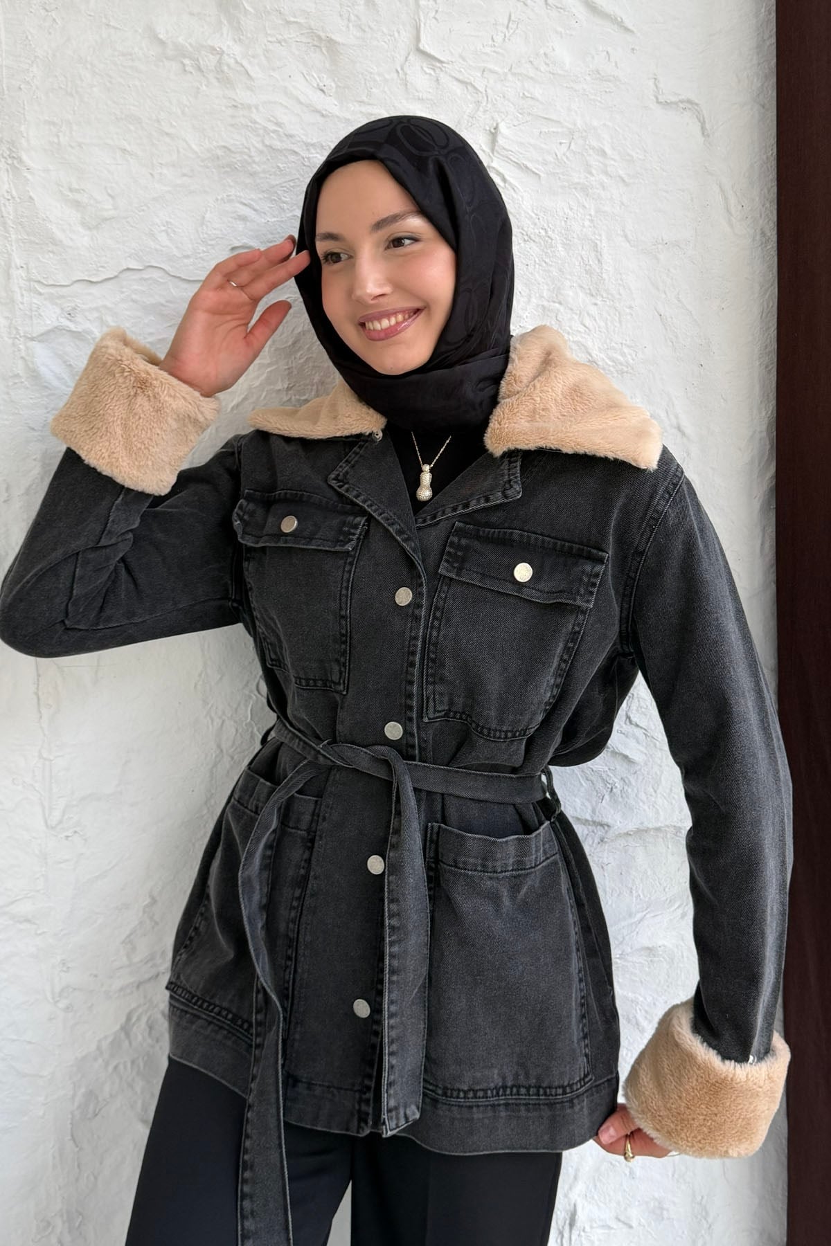 Kürklü Denim Ceket-SİYAH