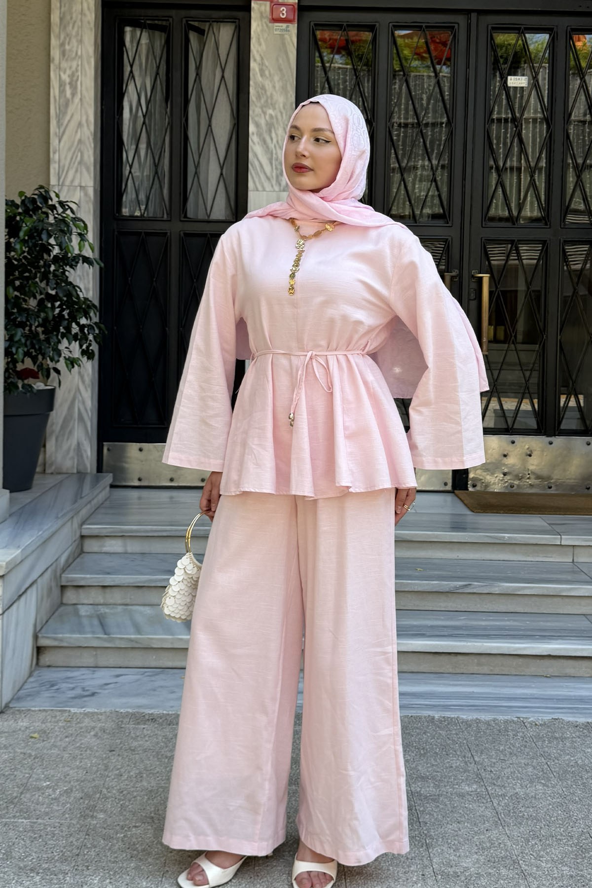 Kuşak Detaylı Godeli Keten Tunik Pantolon Tesettür Takım-PEMBE