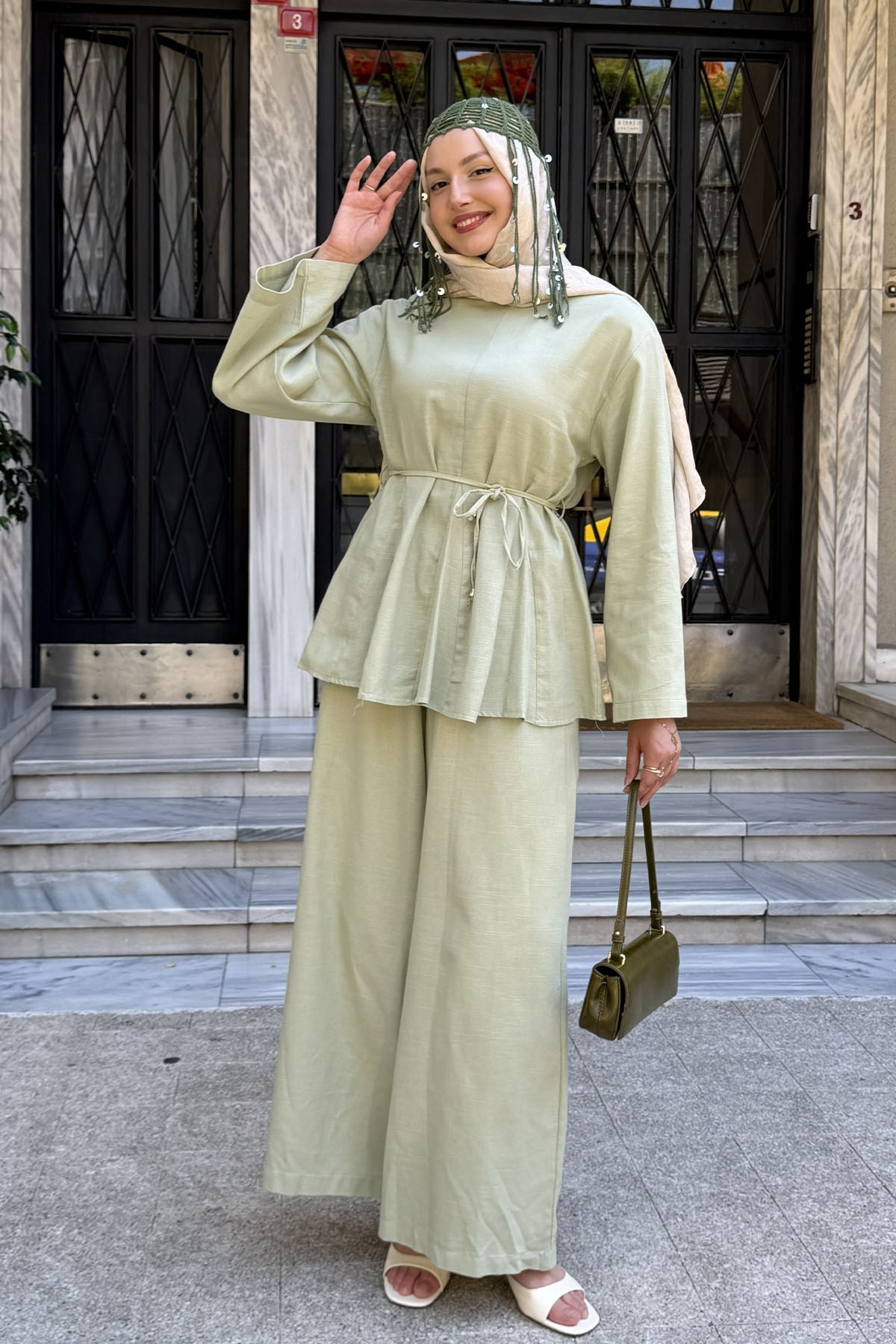 Kuşak Detaylı Godeli Keten Tunik Pantolon Tesettür Takım-MİNT YEŞİLİ