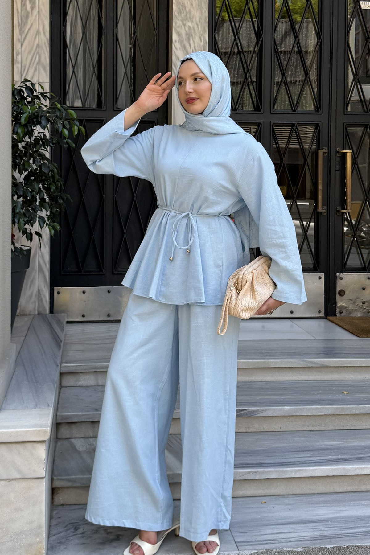 Kuşak Detaylı Godeli Keten Tunik Pantolon Tesettür Takım-BEBE MAVİ