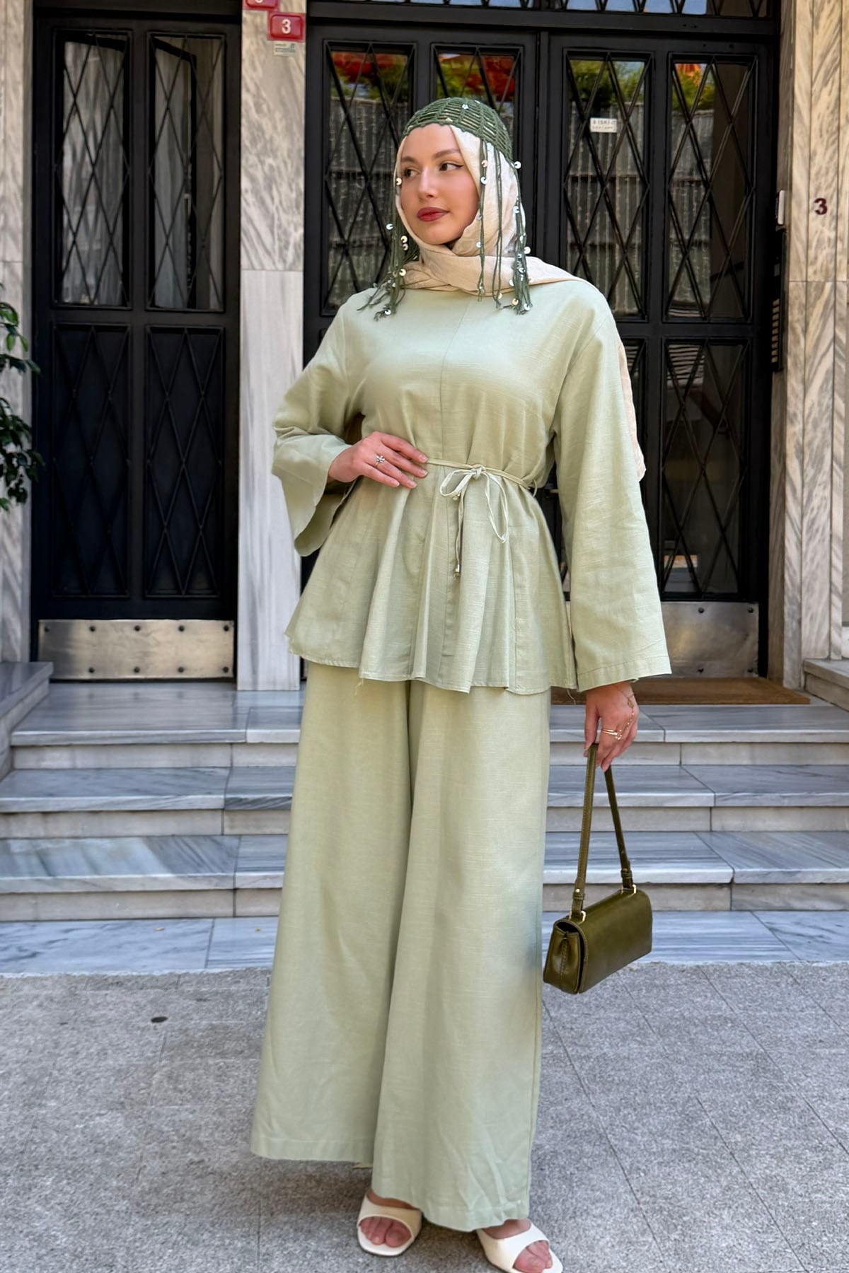 Kuşak Detaylı Godeli Keten Tunik Pantolon Tesettür Takım-MİNT YEŞİLİ