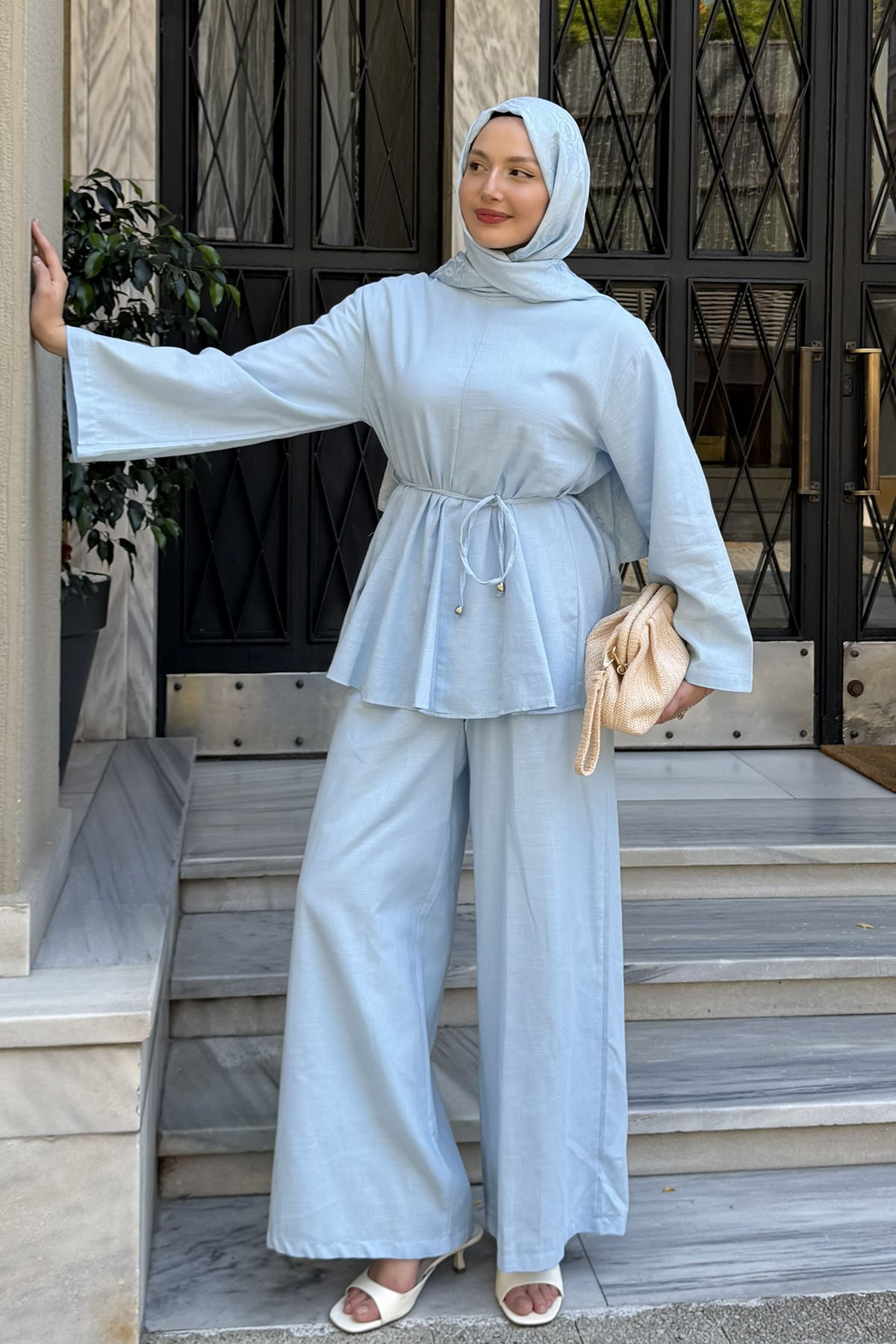 Kuşak Detaylı Godeli Keten Tunik Pantolon Tesettür Takım-BEBE MAVİ