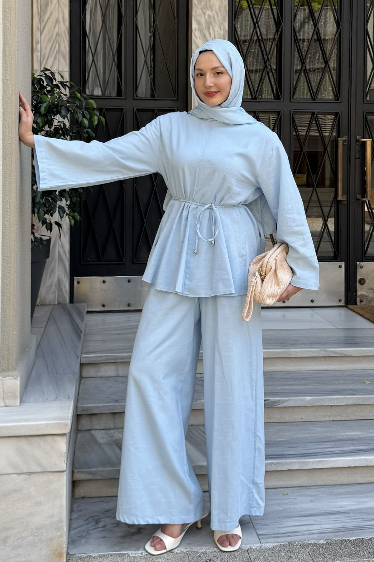 Kuşak Detaylı Godeli Keten Tunik Pantolon Tesettür Takım-BEBE MAVİ